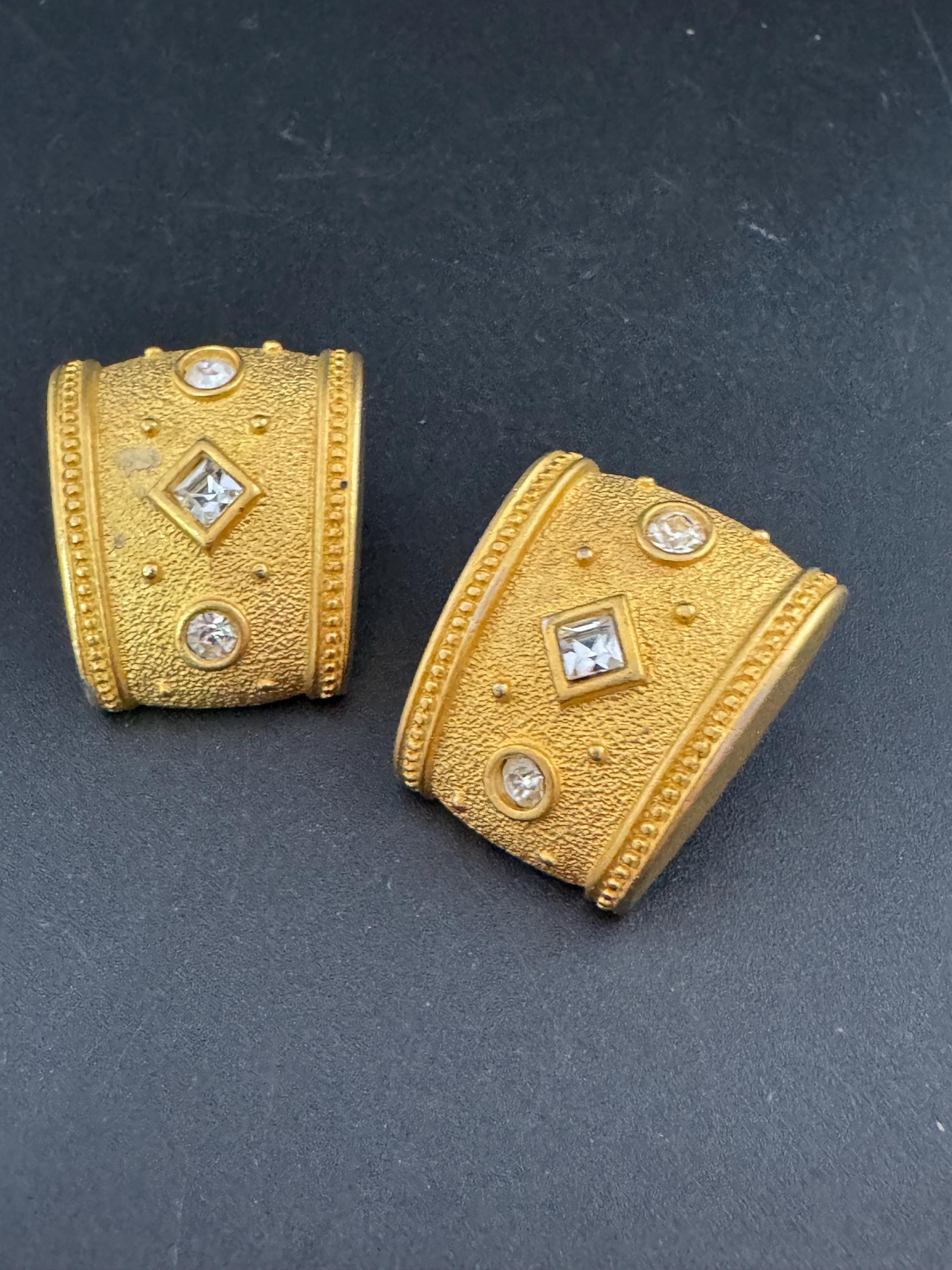 Signed Monet Clip On Earrings: Gold Tone Diamanté Etruscan Style