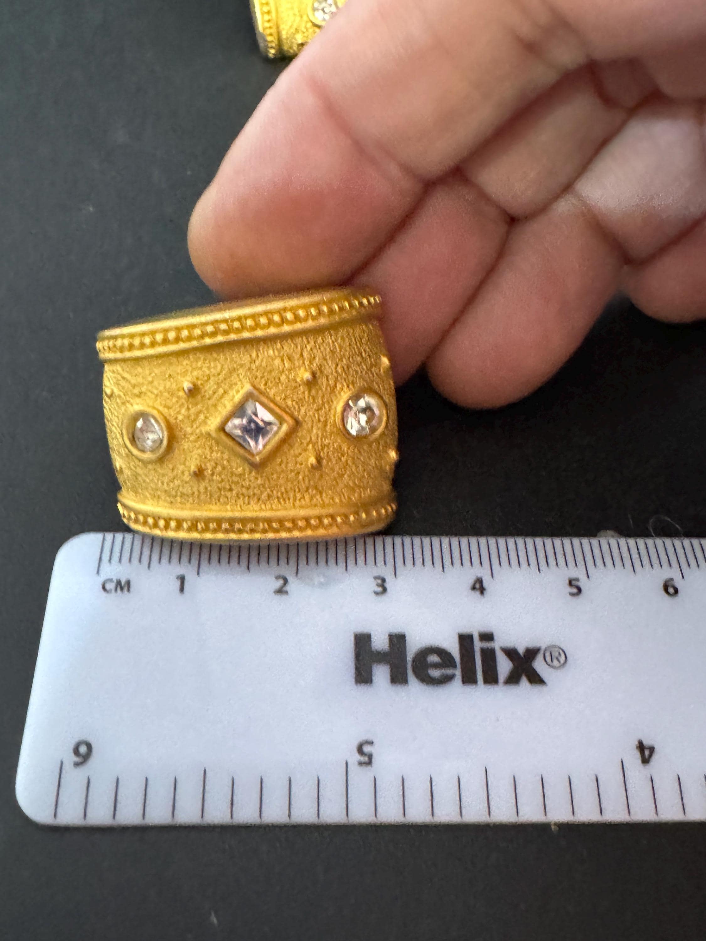 Signed Monet Clip On Earrings: Gold Tone Diamanté Etruscan Style