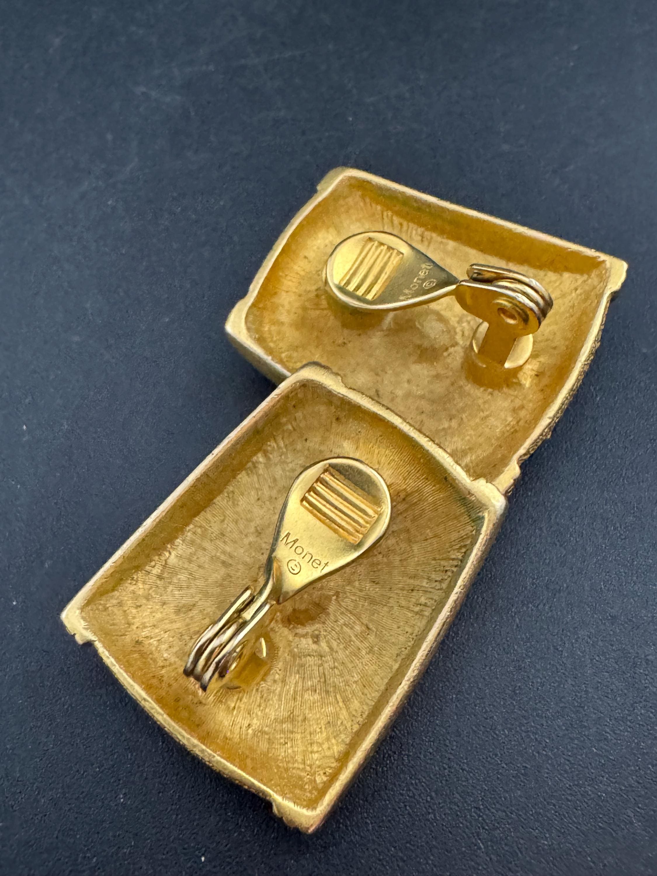 Signed Monet Clip On Earrings: Gold Tone Diamanté Etruscan Style