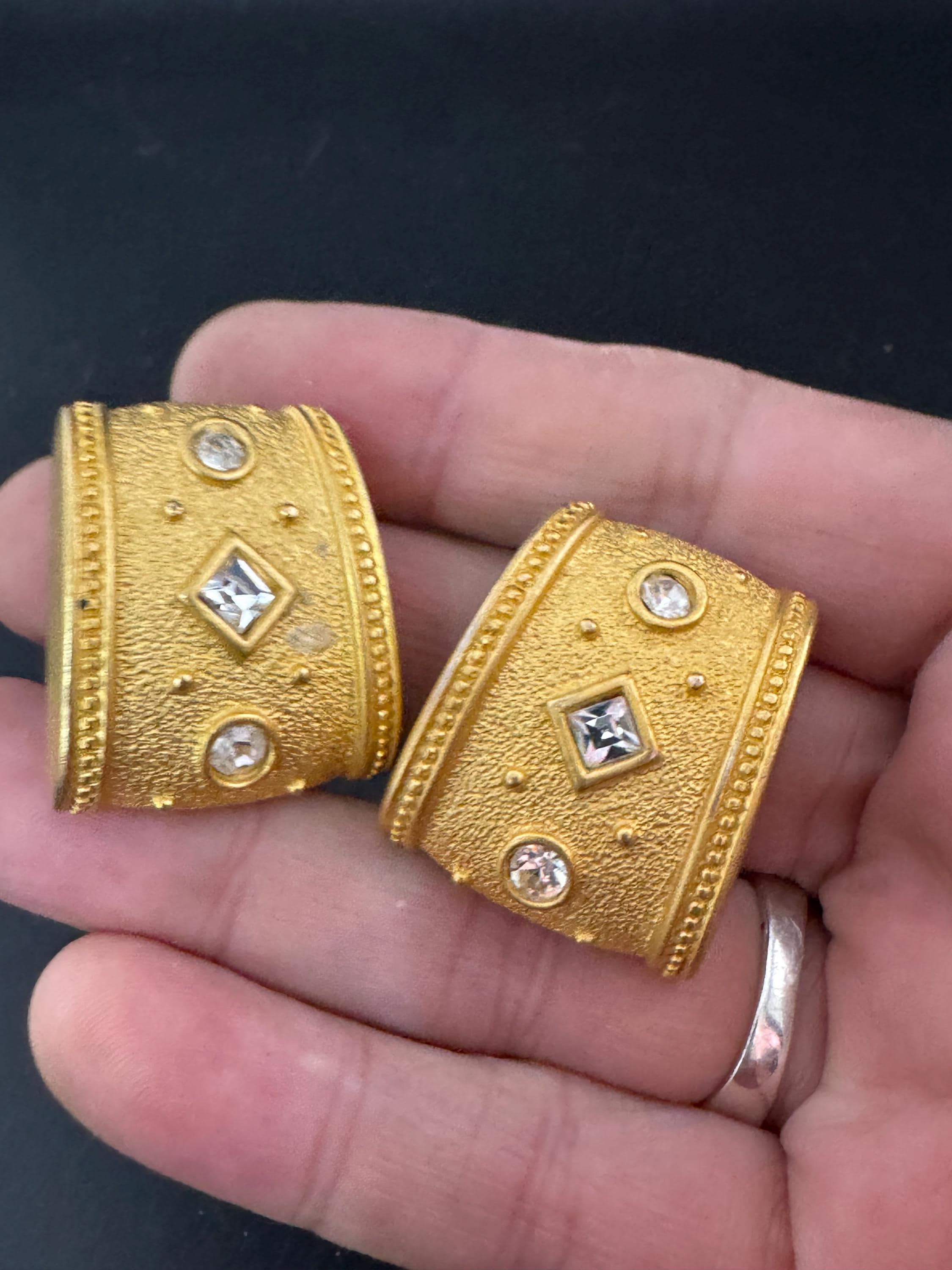 Signed Monet Clip On Earrings: Gold Tone Diamanté Etruscan Style