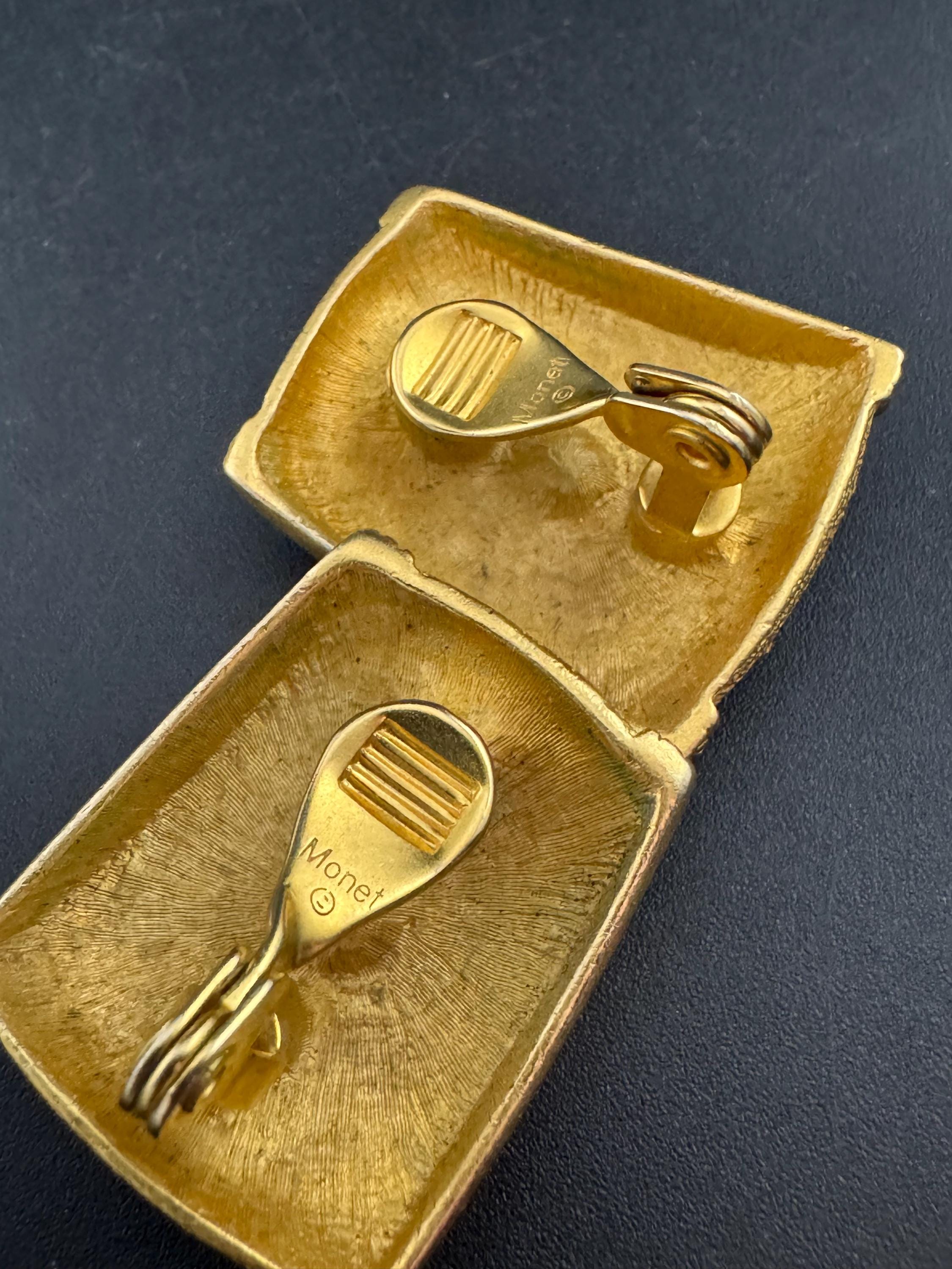 Signed Monet Clip On Earrings: Gold Tone Diamanté Etruscan Style