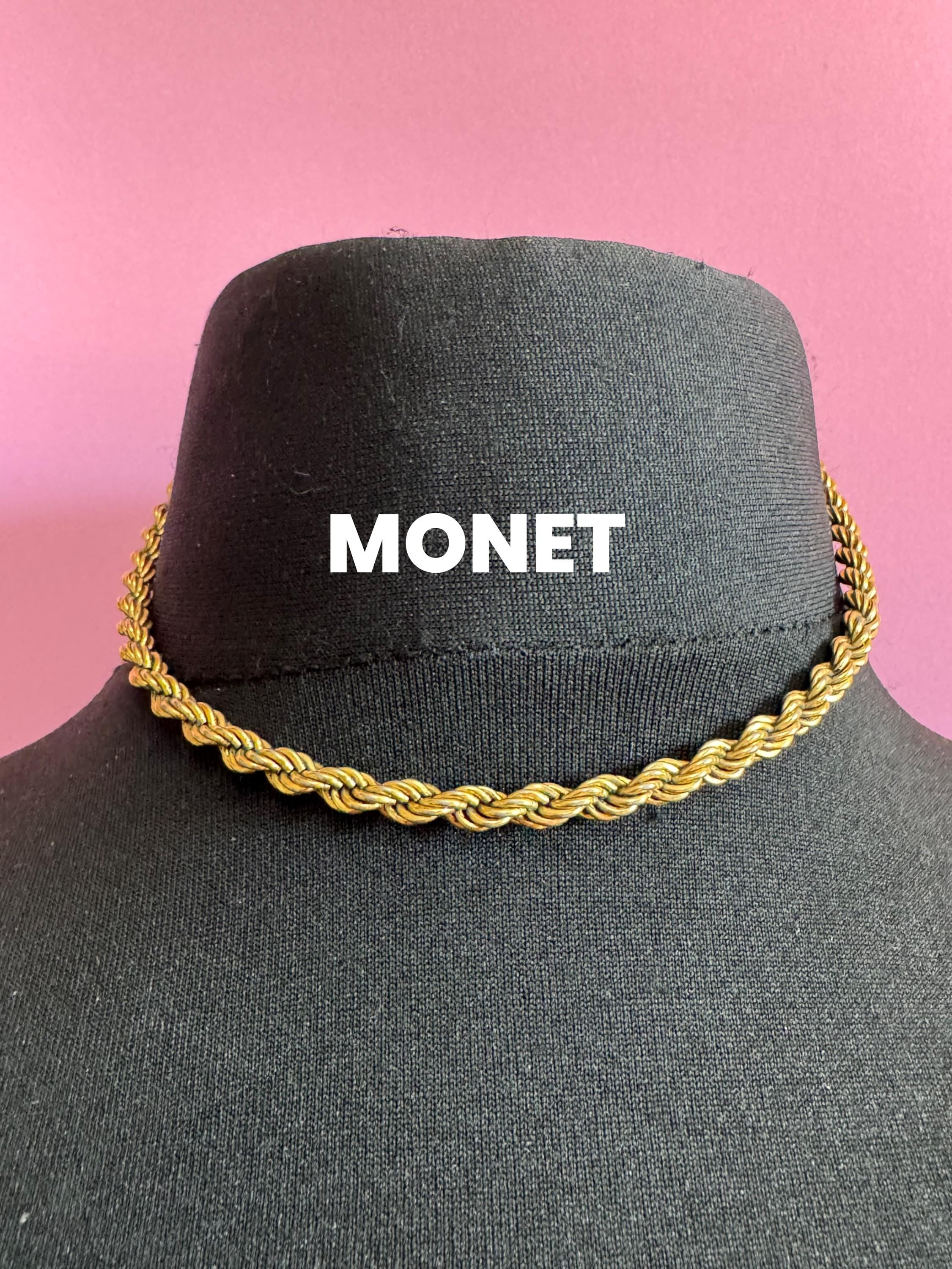 Signed Monet Vintage dark antique  gold tone plated short rope chain necklace 39cm