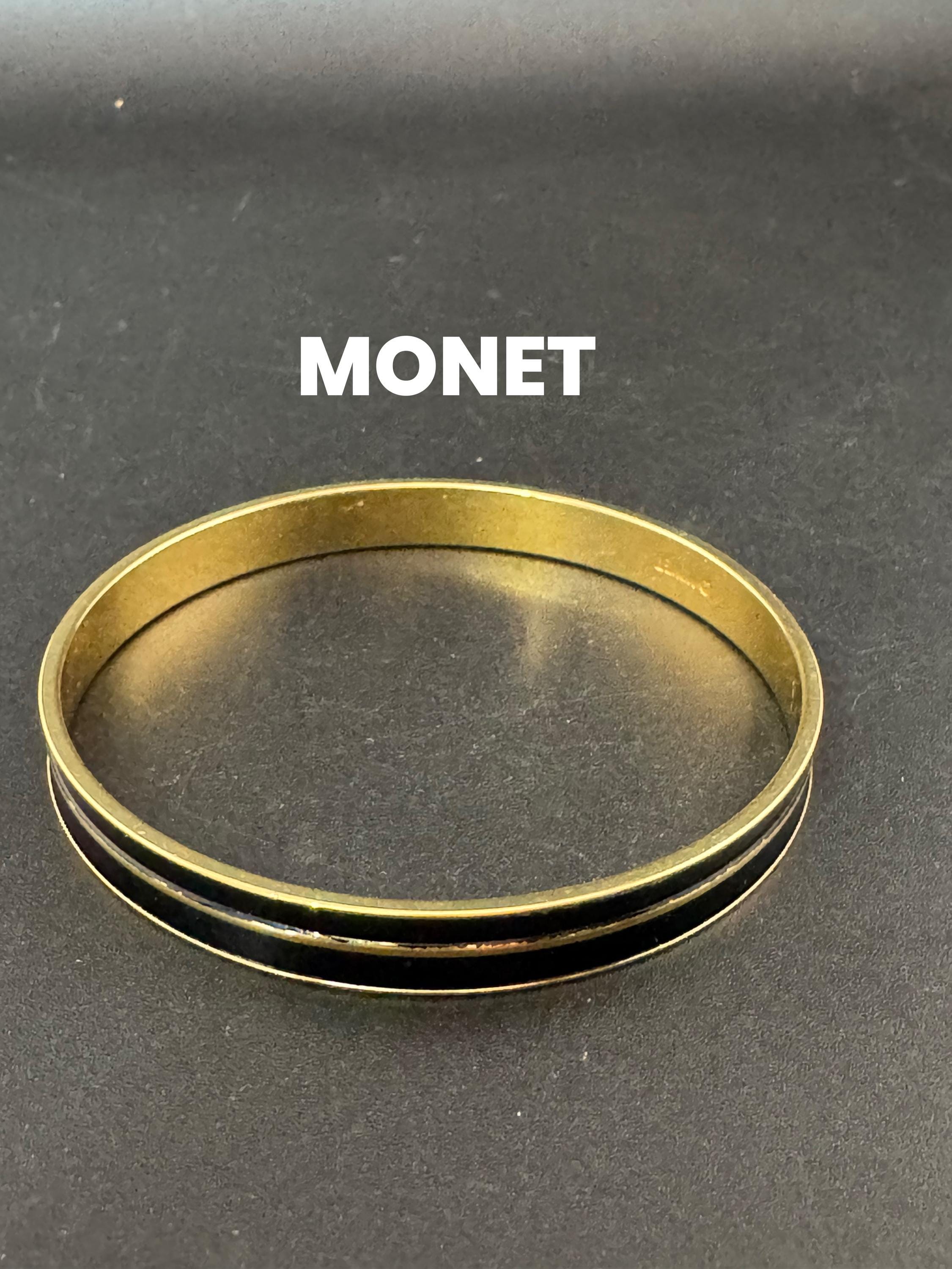 Vintage designer MONET signed glossy gold tone black enamel banded 1cm wide fixed bangle bracelet