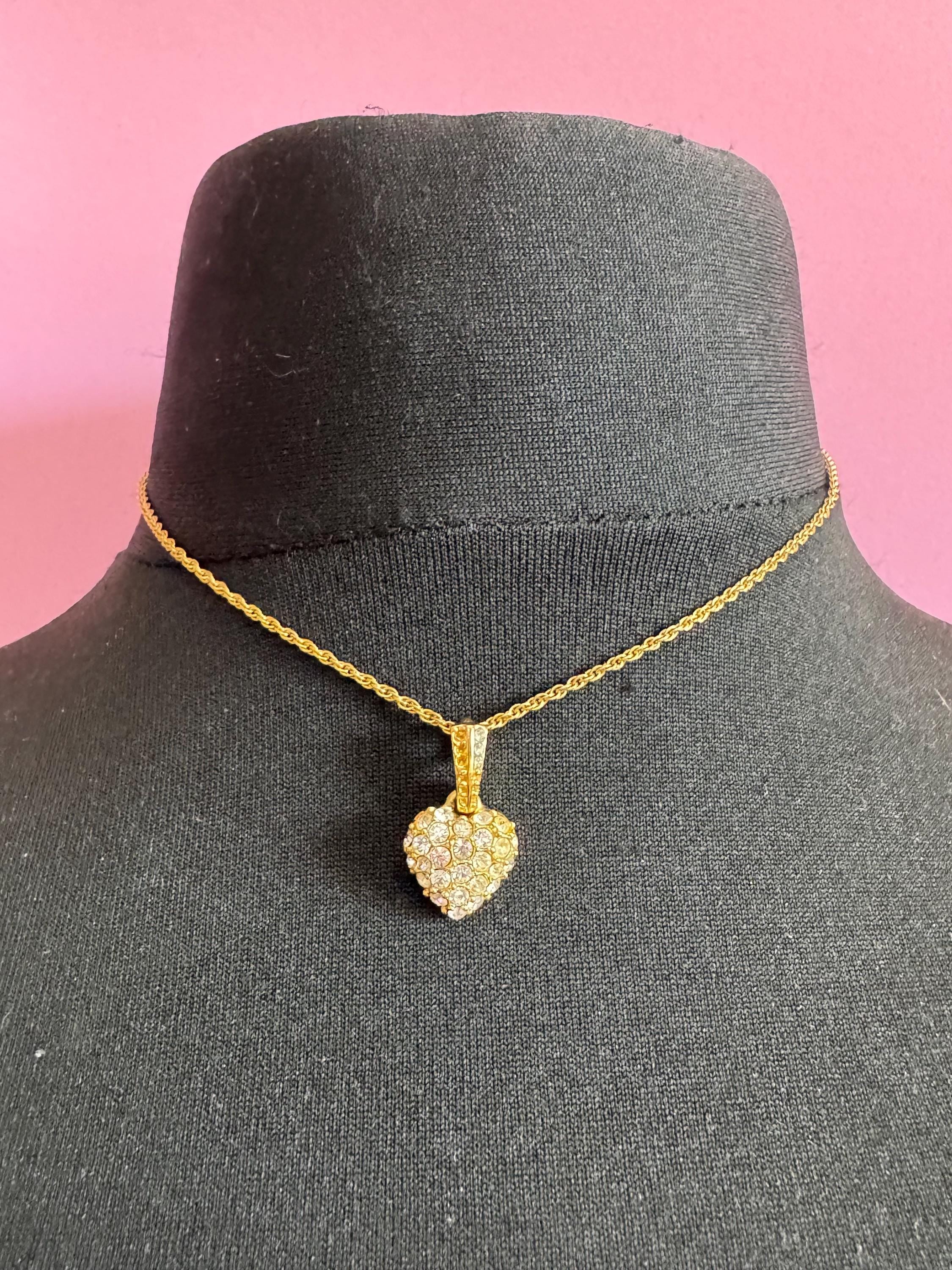 signed MONET dainty 48cm gold plated fine rope chain love heart pendant necklace set with clear crystals