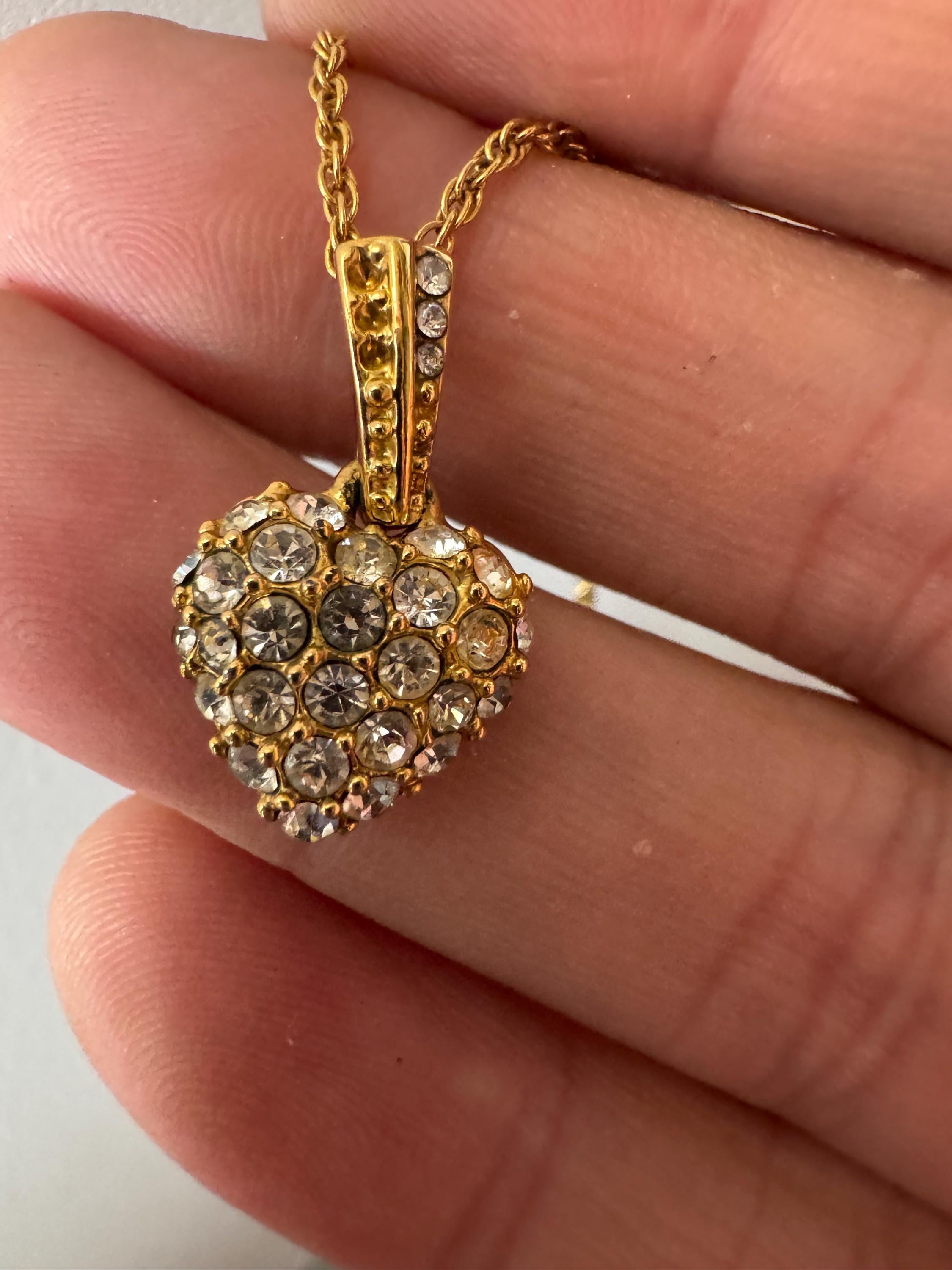 signed MONET dainty 48cm gold plated fine rope chain love heart pendant necklace set with clear crystals