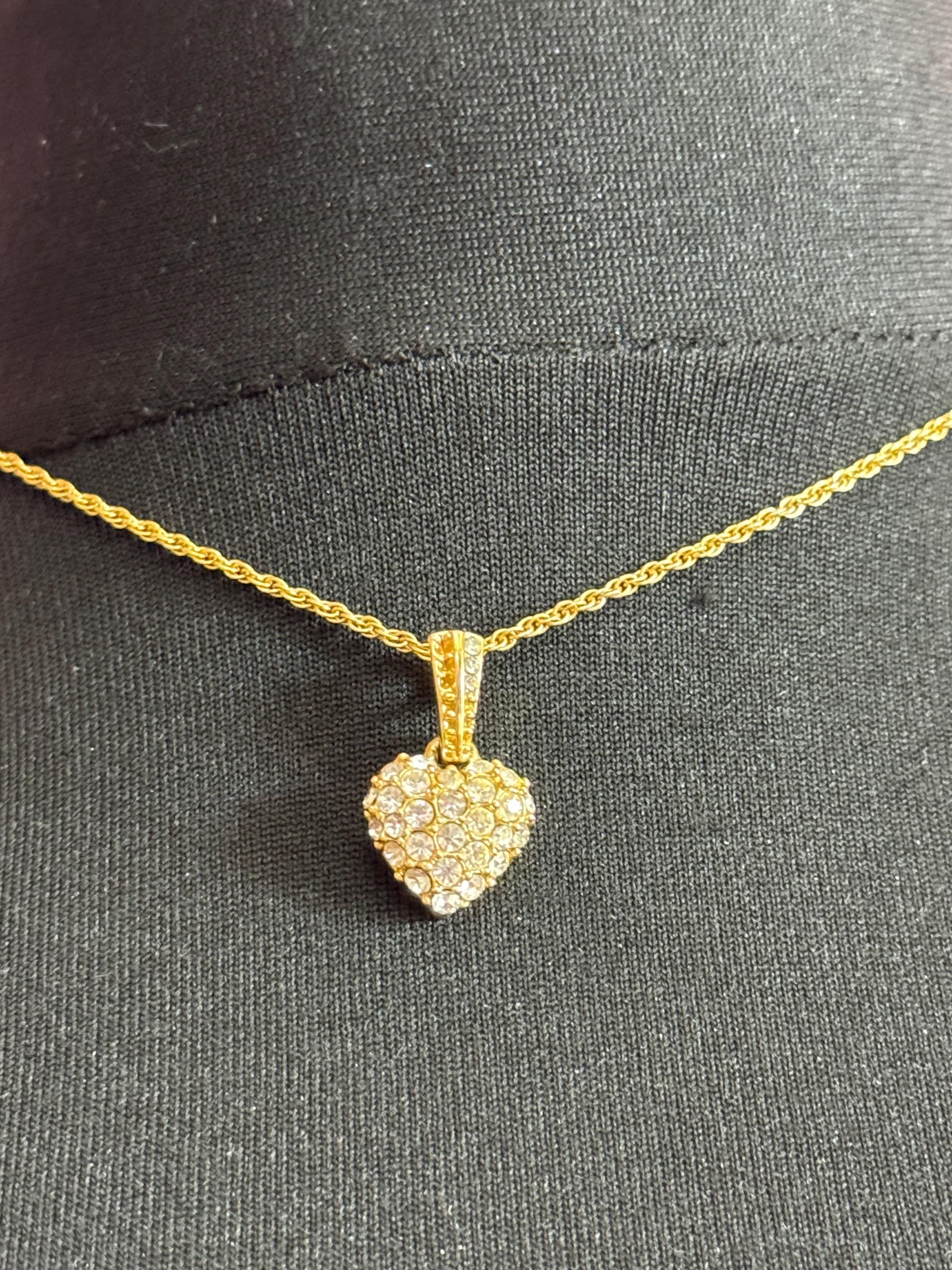 signed MONET dainty 48cm gold plated fine rope chain love heart pendant necklace set with clear crystals