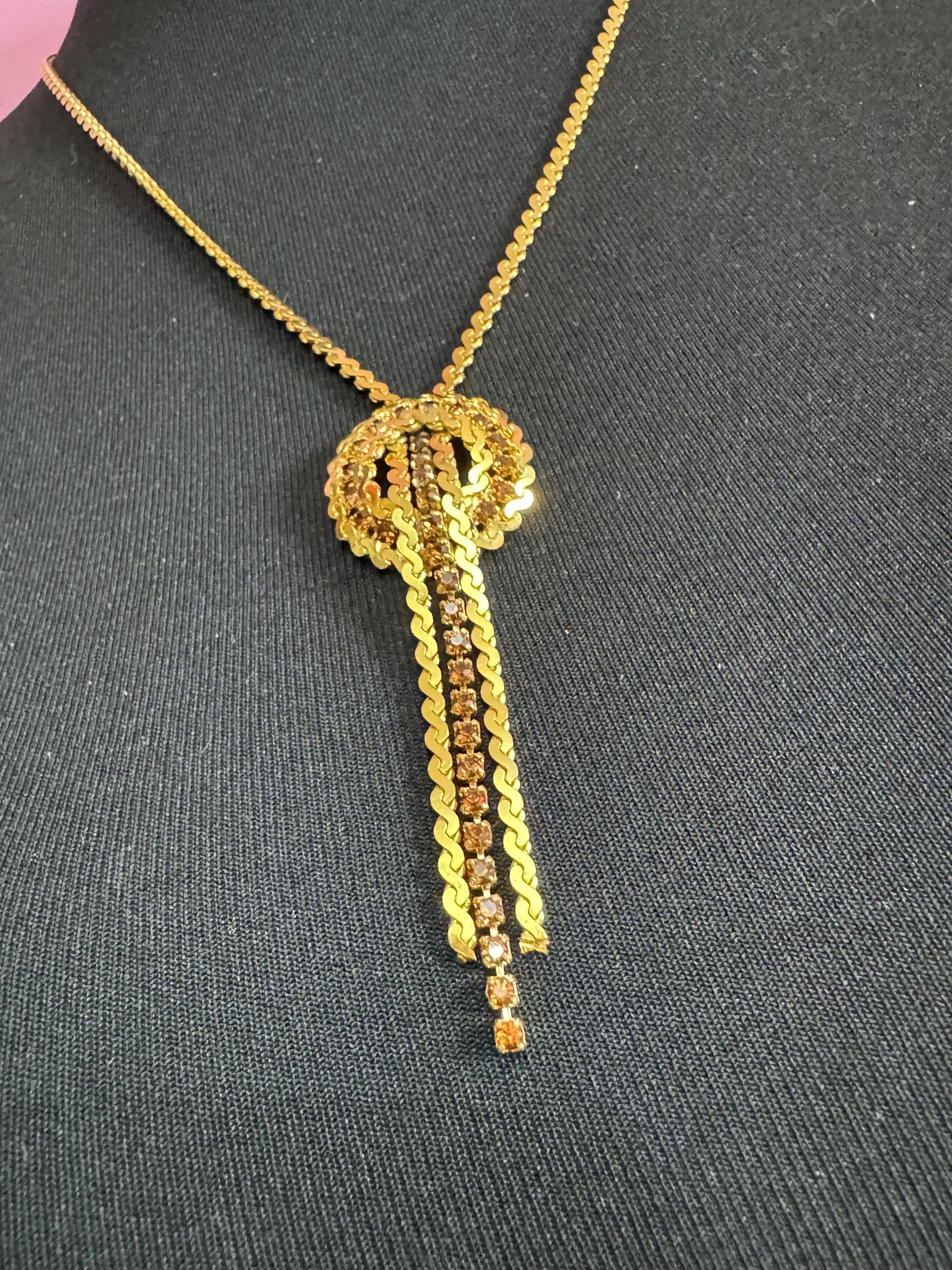 Vintage gold tone cognac brown glass diamanté lariat dropper necklace 1960s