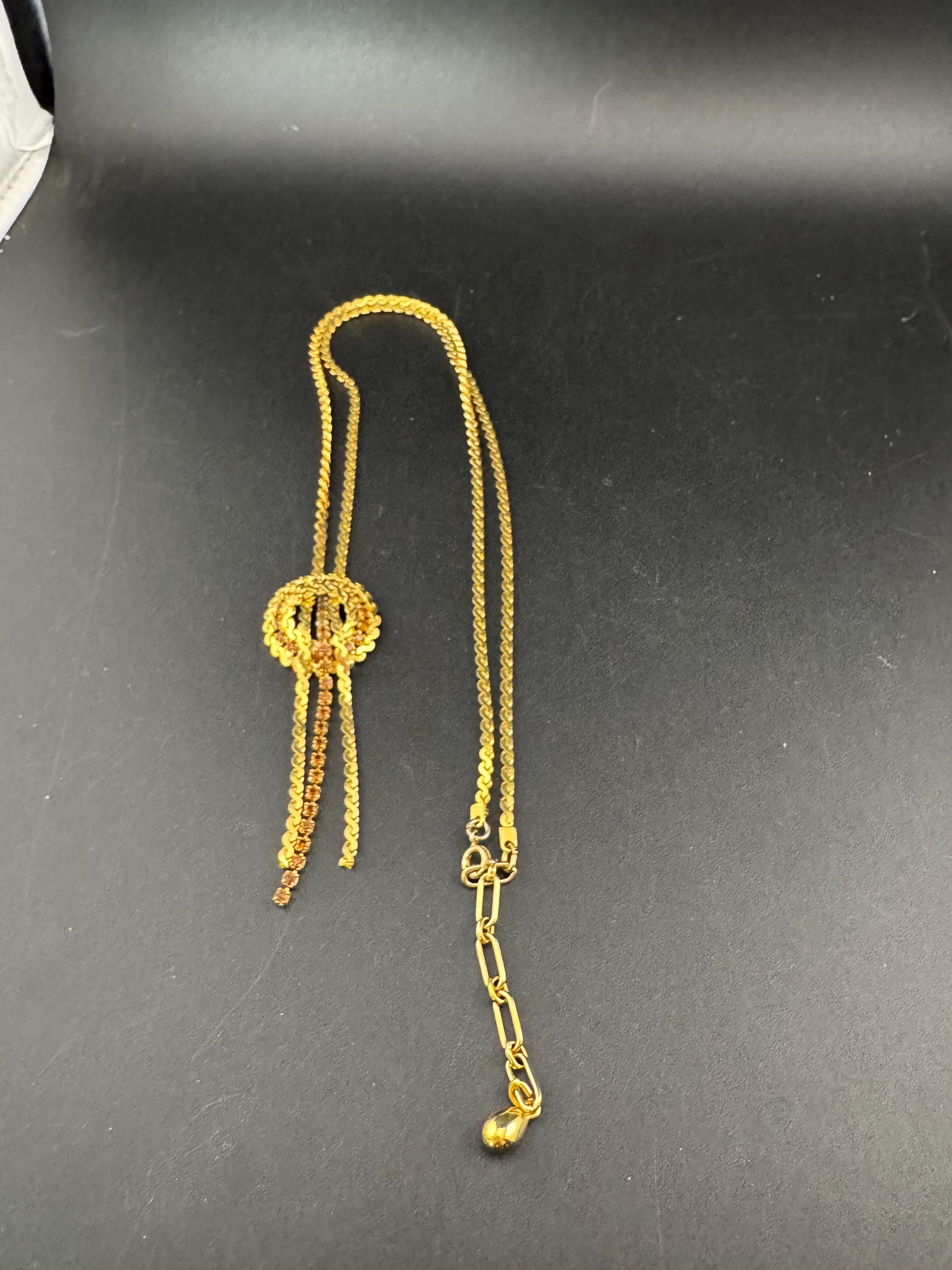 Vintage gold tone cognac brown glass diamanté lariat dropper necklace 1960s