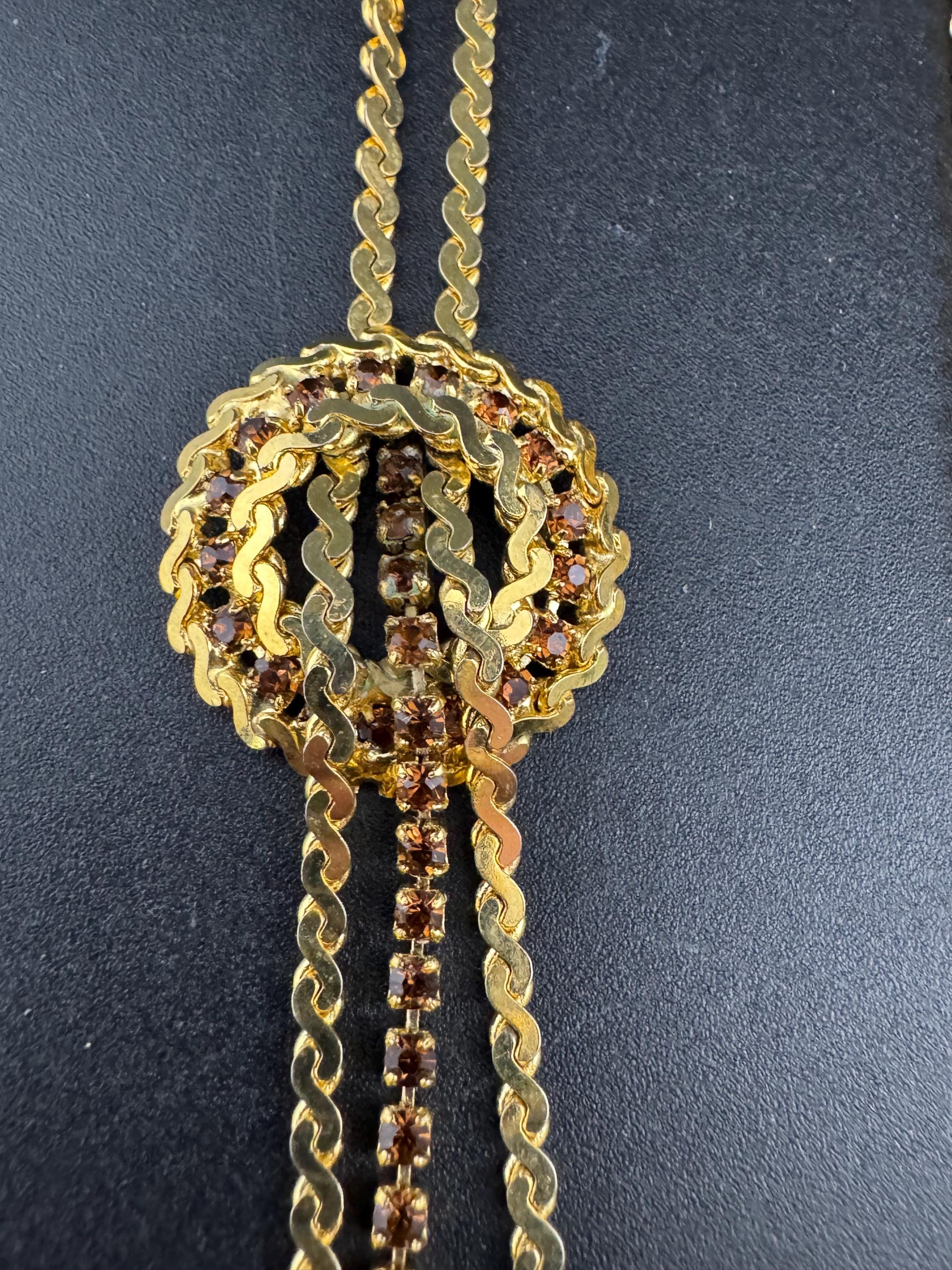 Vintage gold tone cognac brown glass diamanté lariat dropper necklace 1960s