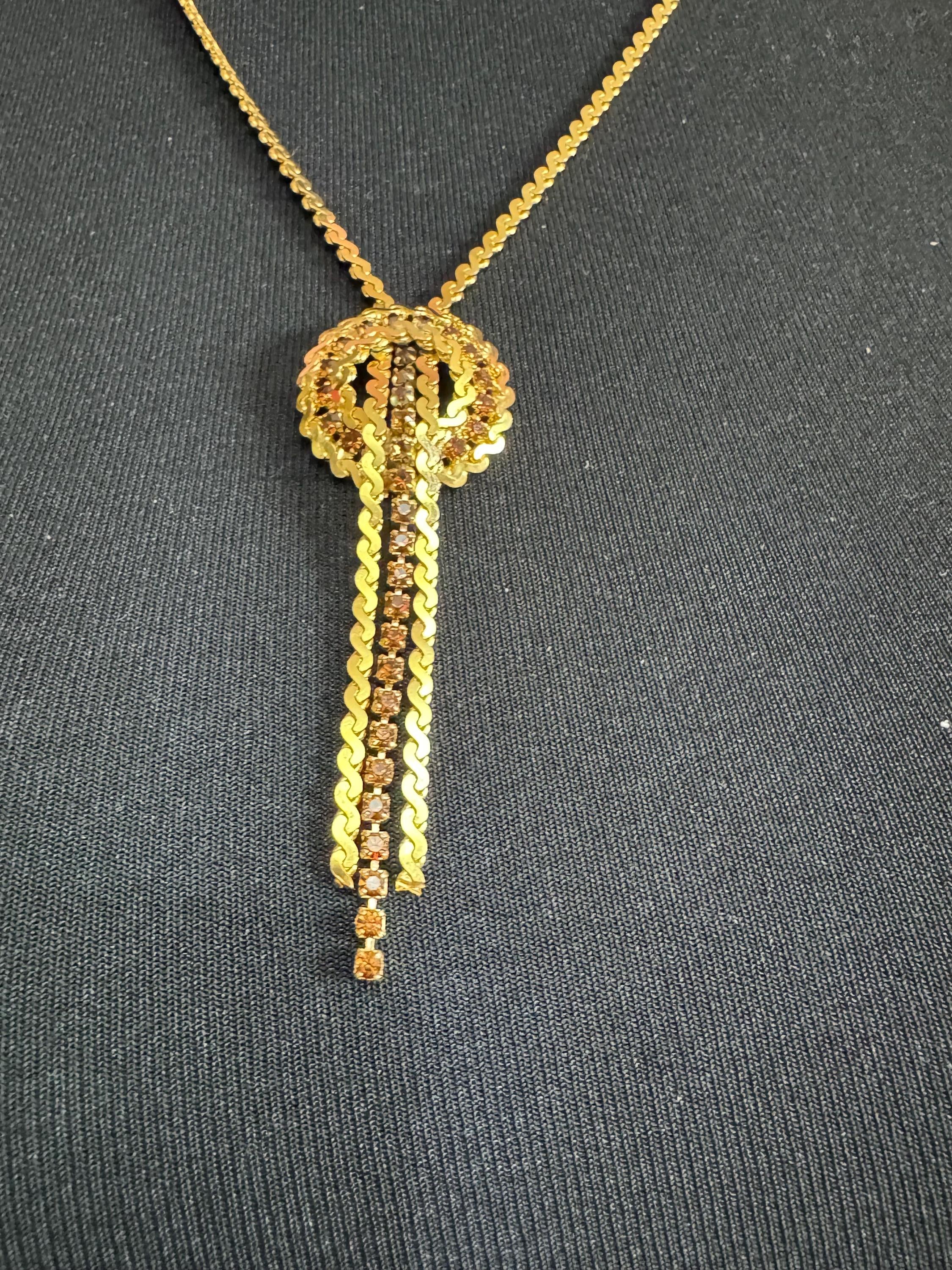 Vintage gold tone cognac brown glass diamanté lariat dropper necklace 1960s