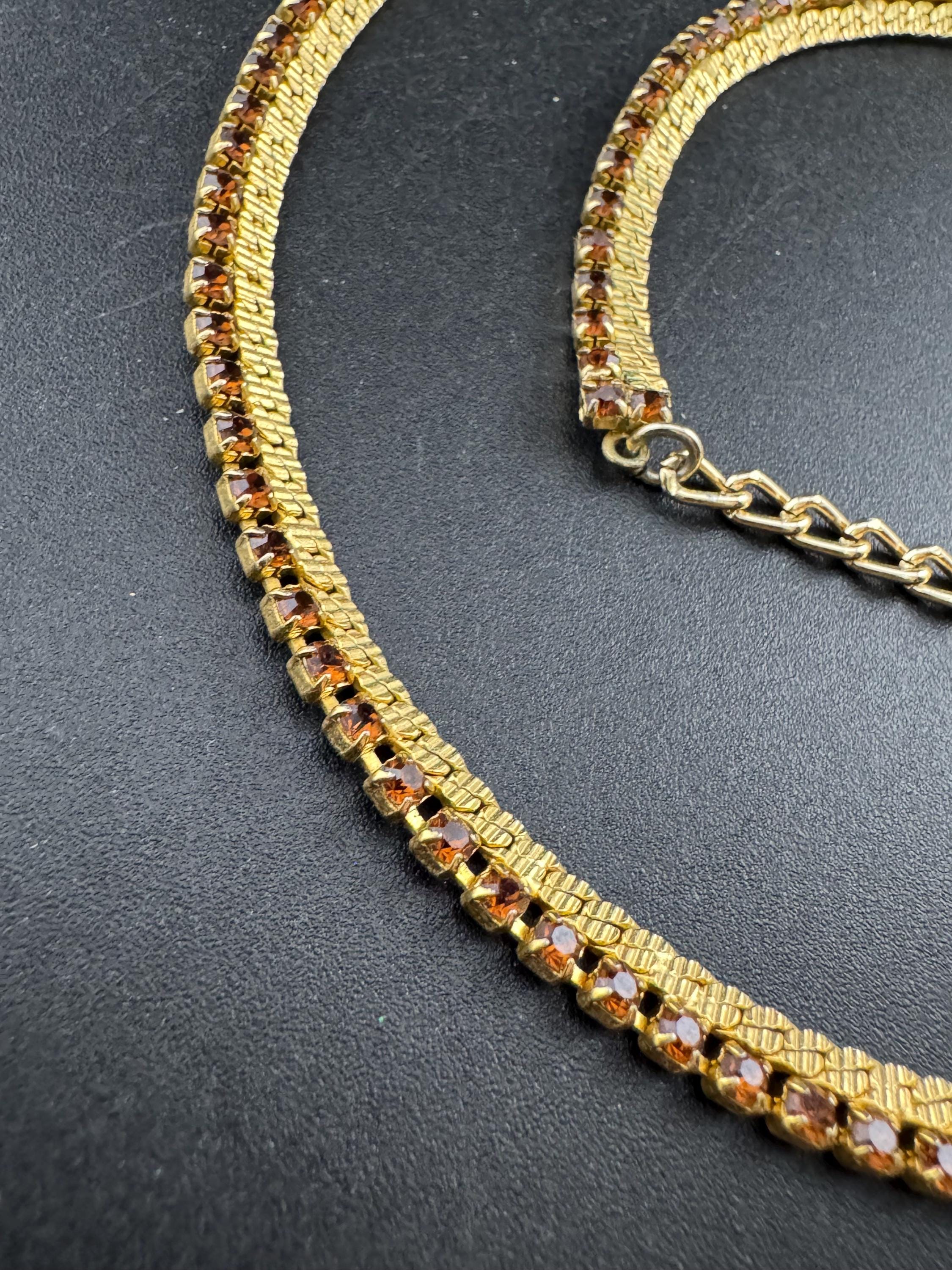 cognac brown glass diamante woven choker necklace, Vintage mid century gold plated