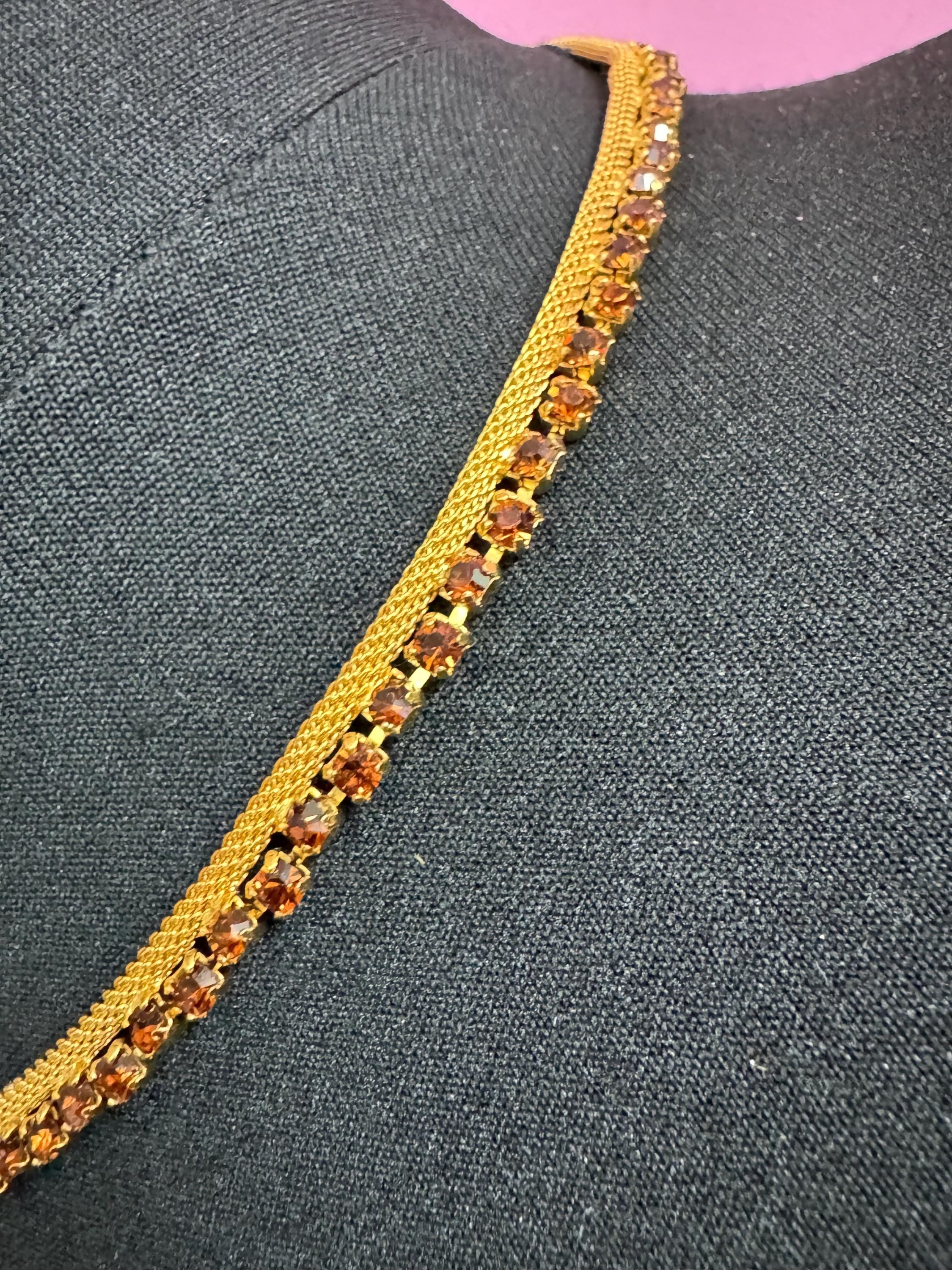 cognac brown glass diamante woven choker necklace, Vintage mid century gold plated mesh