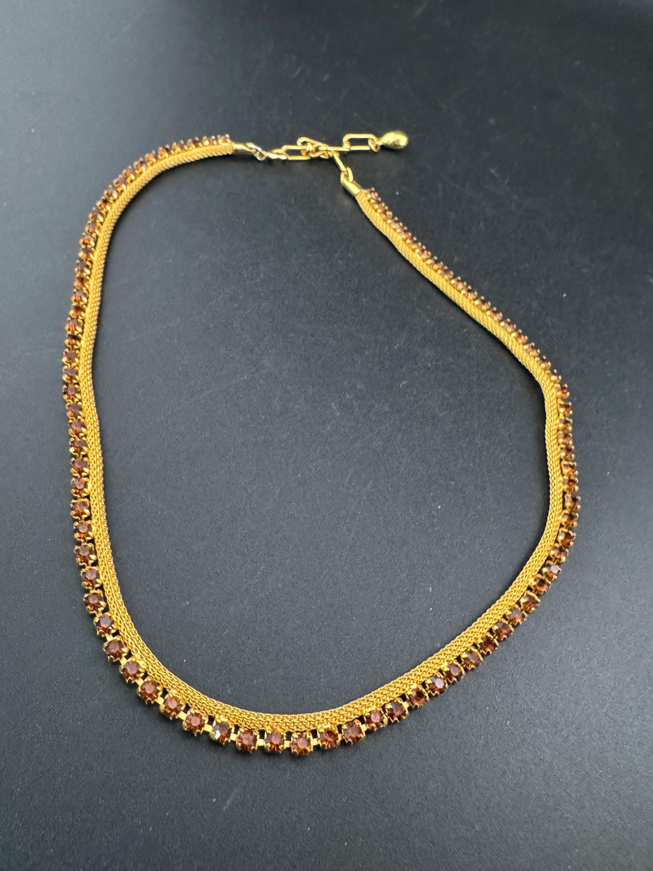 cognac brown glass diamante woven choker necklace, Vintage mid century gold plated mesh
