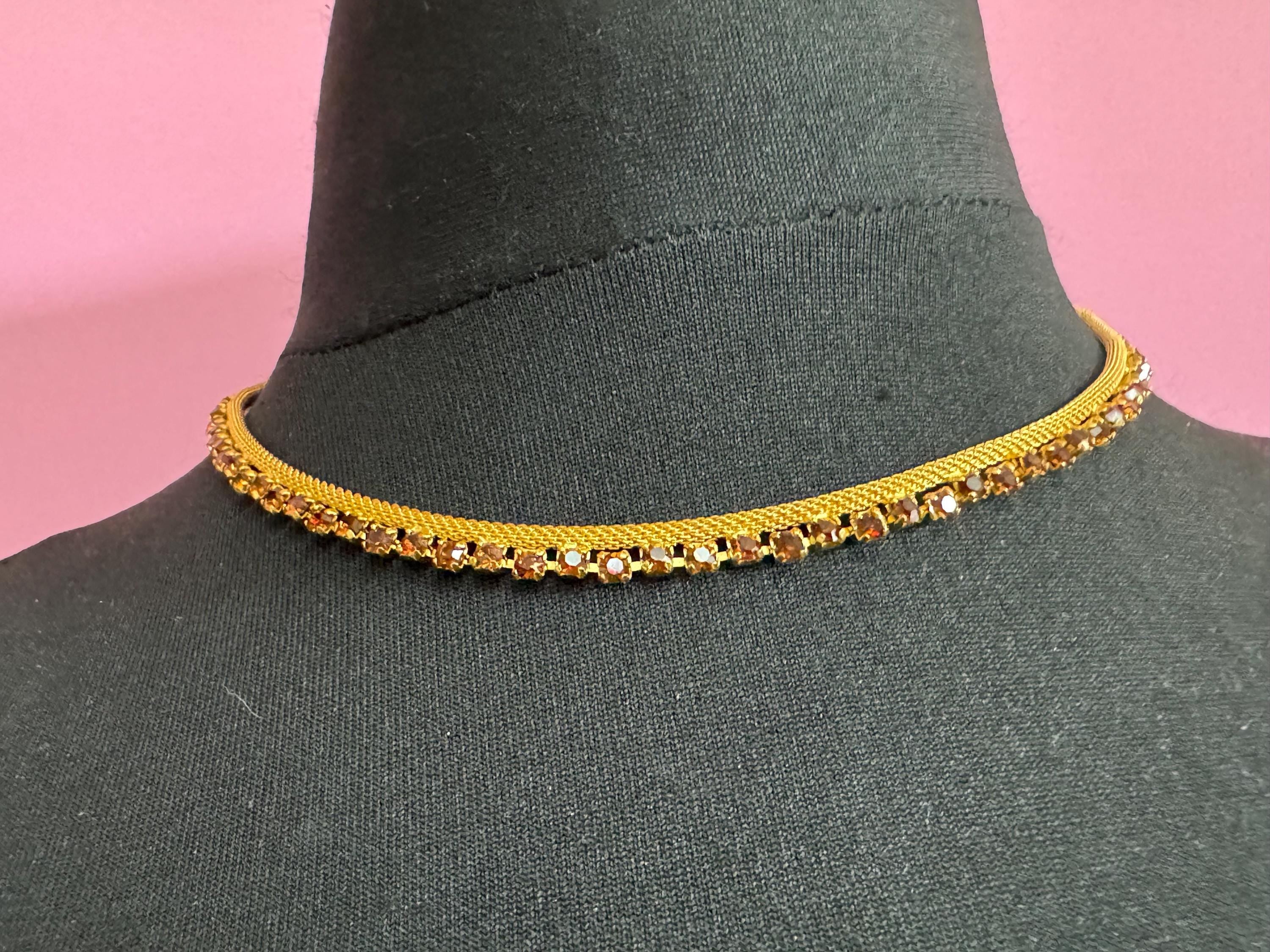 cognac brown glass diamante woven choker necklace, Vintage mid century gold plated mesh