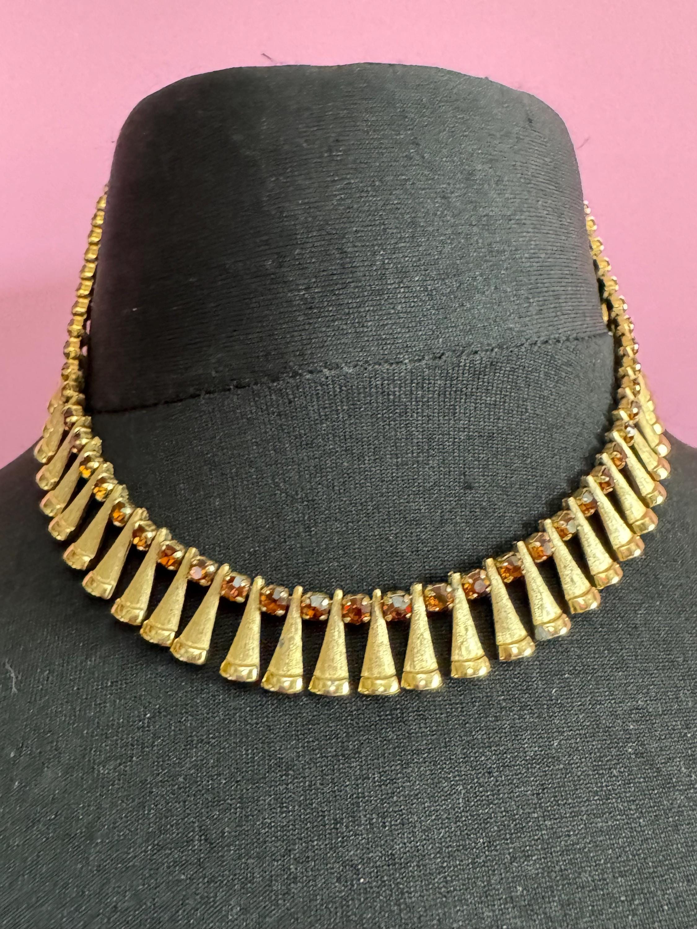 Petite fit, slim neck 35.5cm Brown cognac glass diamanté wide mesh choker necklace Vintage