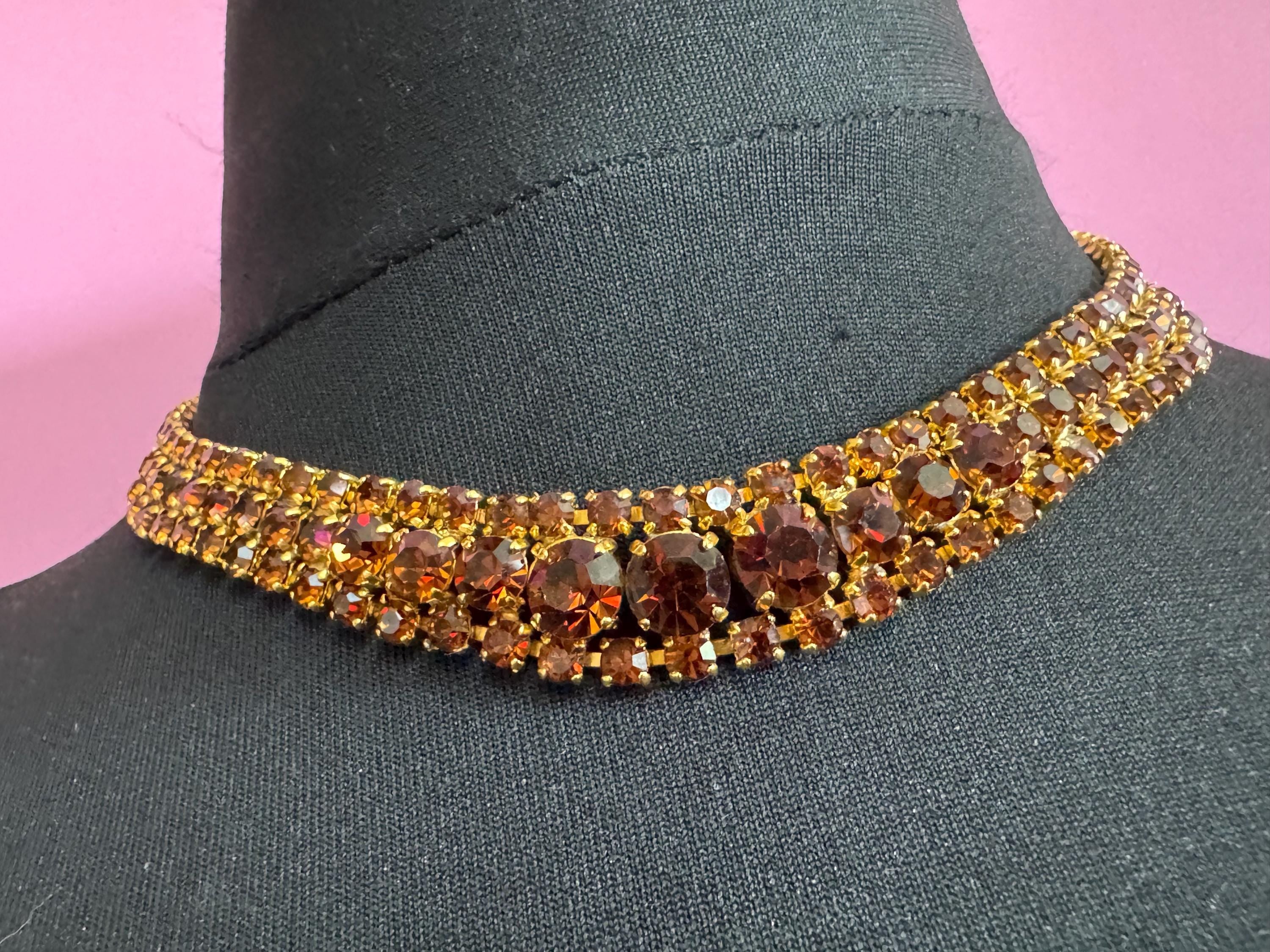 Brown cognac glass diamanté wide rhinestone crystal choker collar necklace Vintage