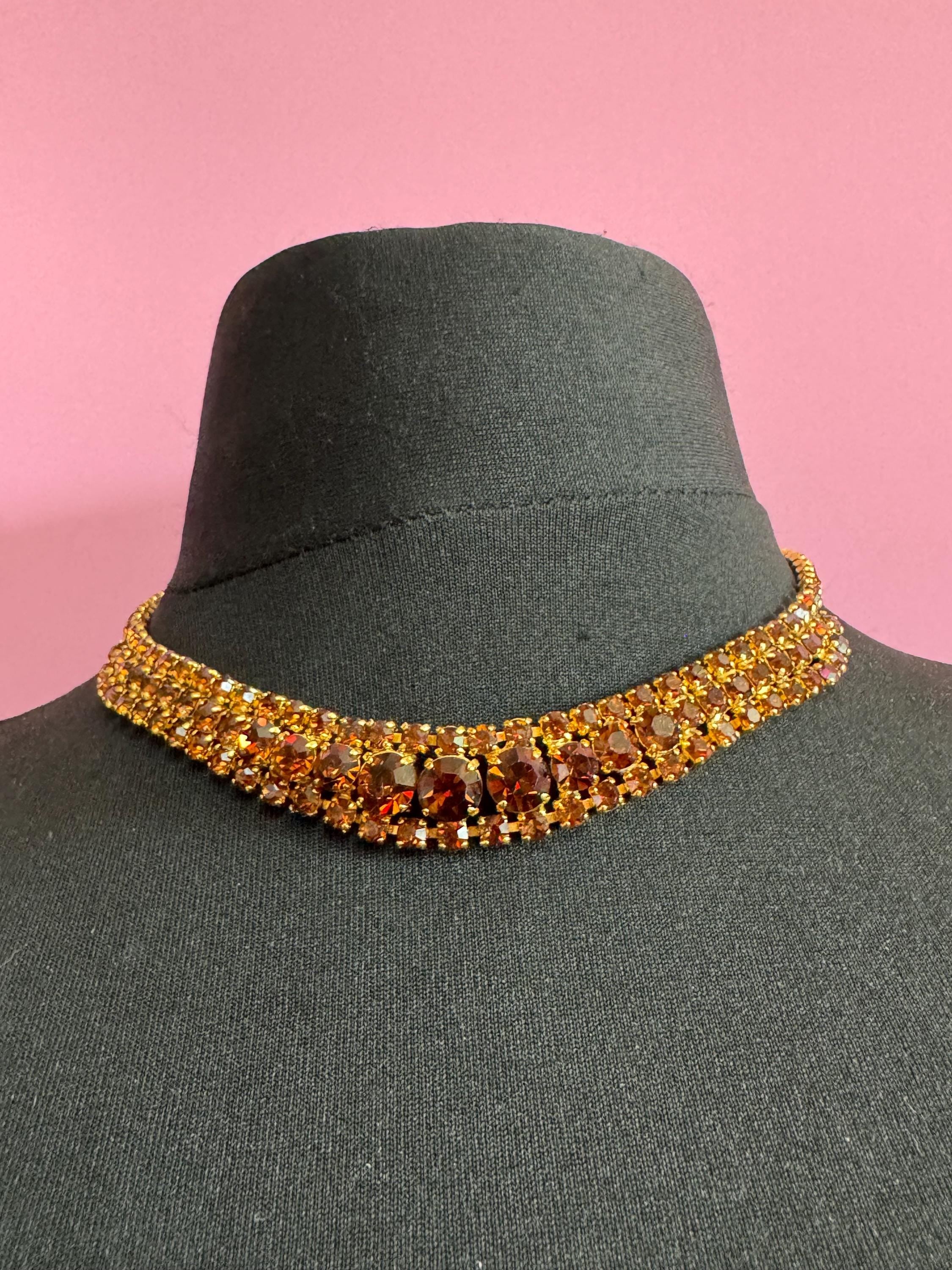 Brown cognac glass diamanté wide rhinestone crystal choker collar necklace Vintage