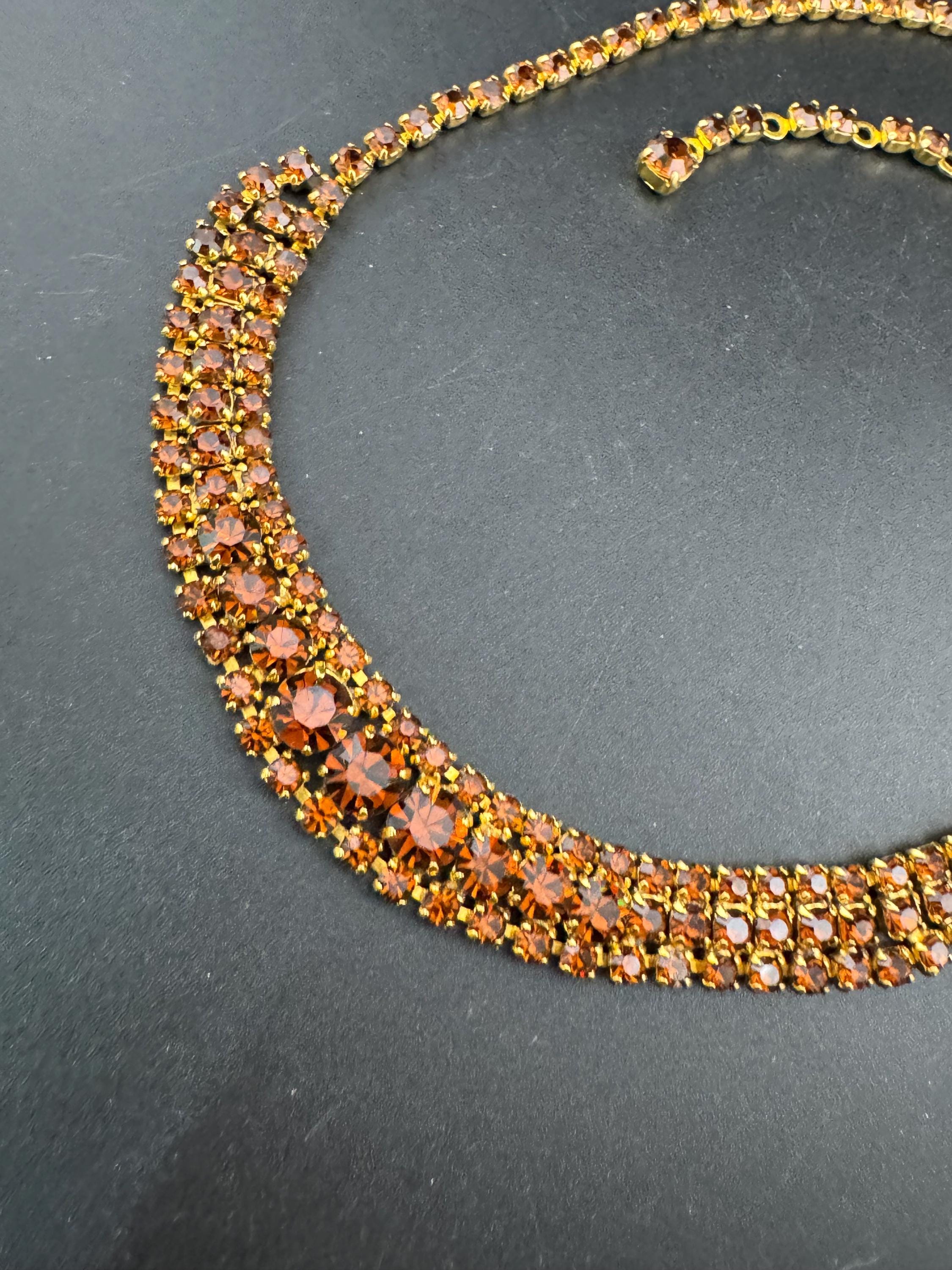 Brown cognac glass diamanté wide rhinestone crystal choker collar necklace Vintage