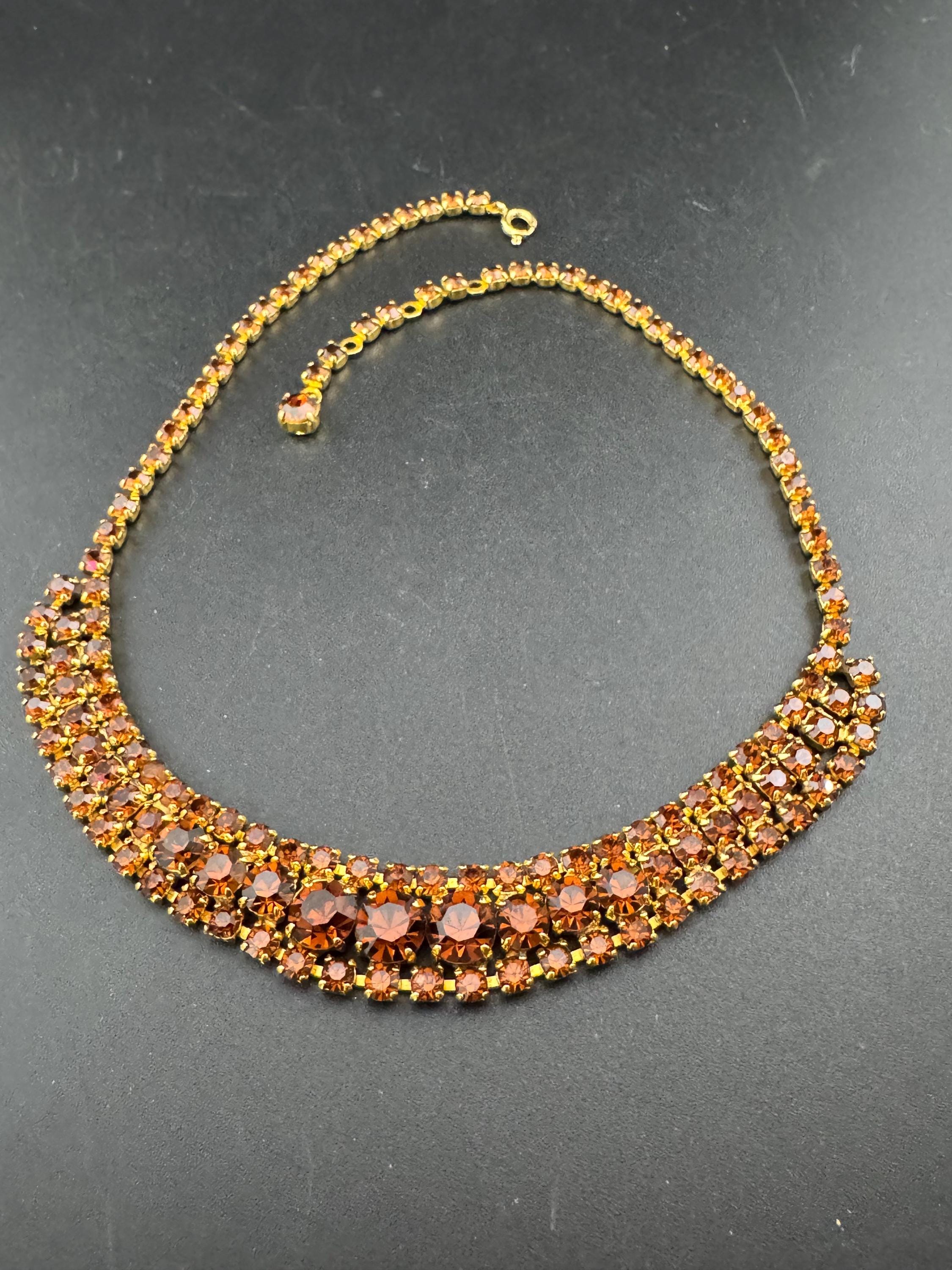 Brown cognac glass diamanté wide rhinestone crystal choker collar necklace Vintage