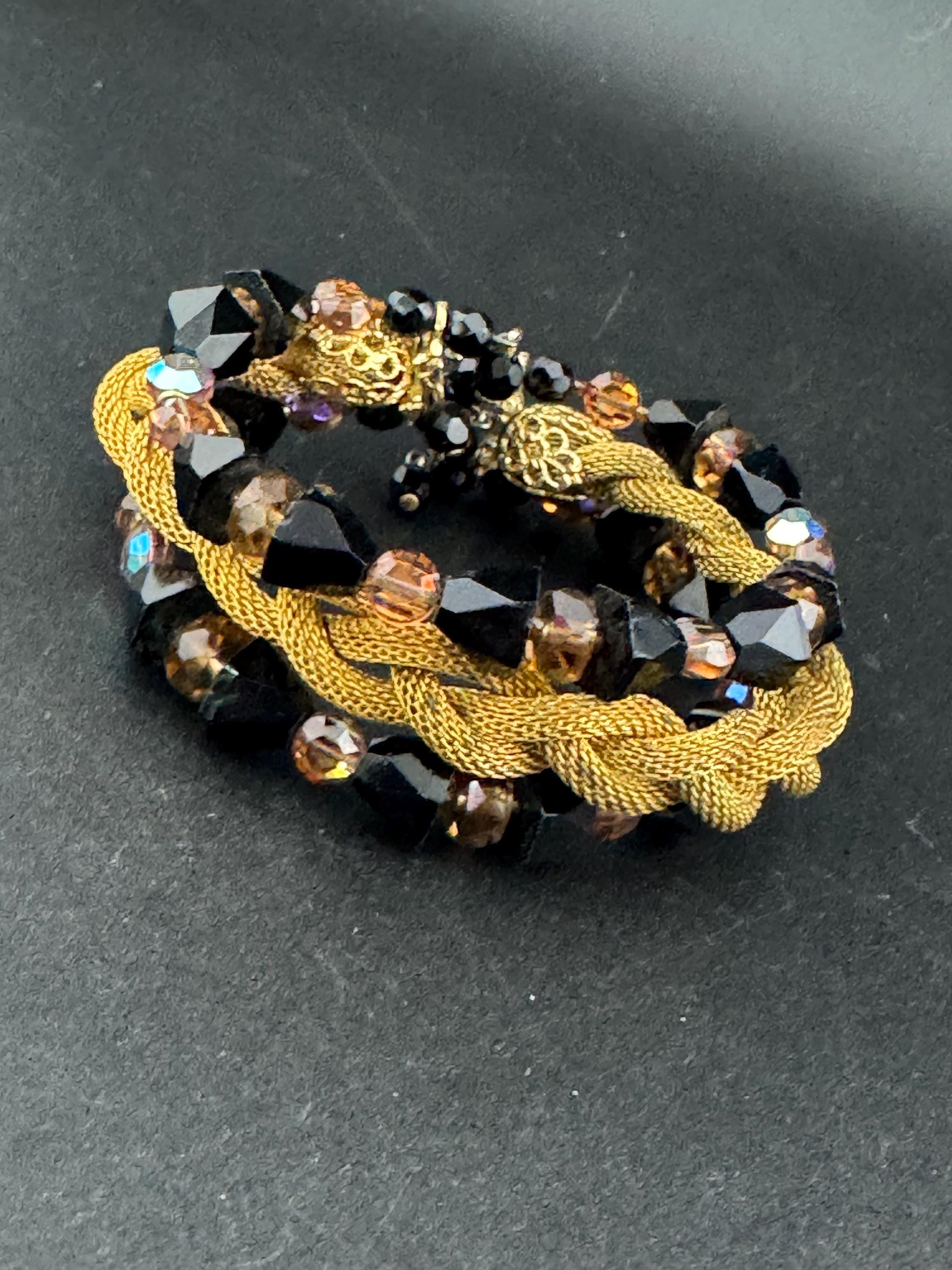 Vintage black and brown AB glass crystal rhinestone wide Gold Tone mesh cocktail tassel bracelet