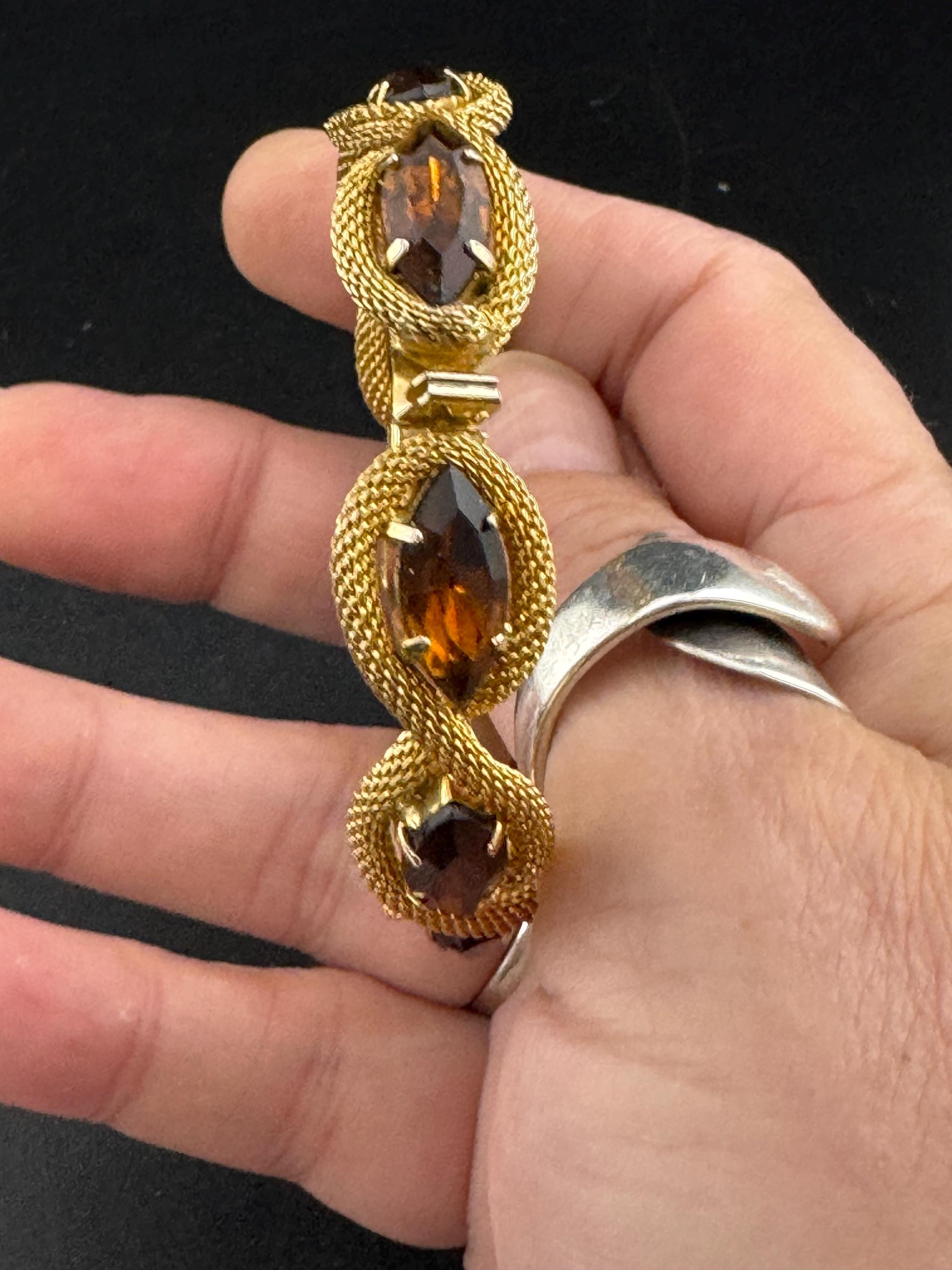 Vintage brown cognac paste Glass Gold Tone mesh cocktail bracelet