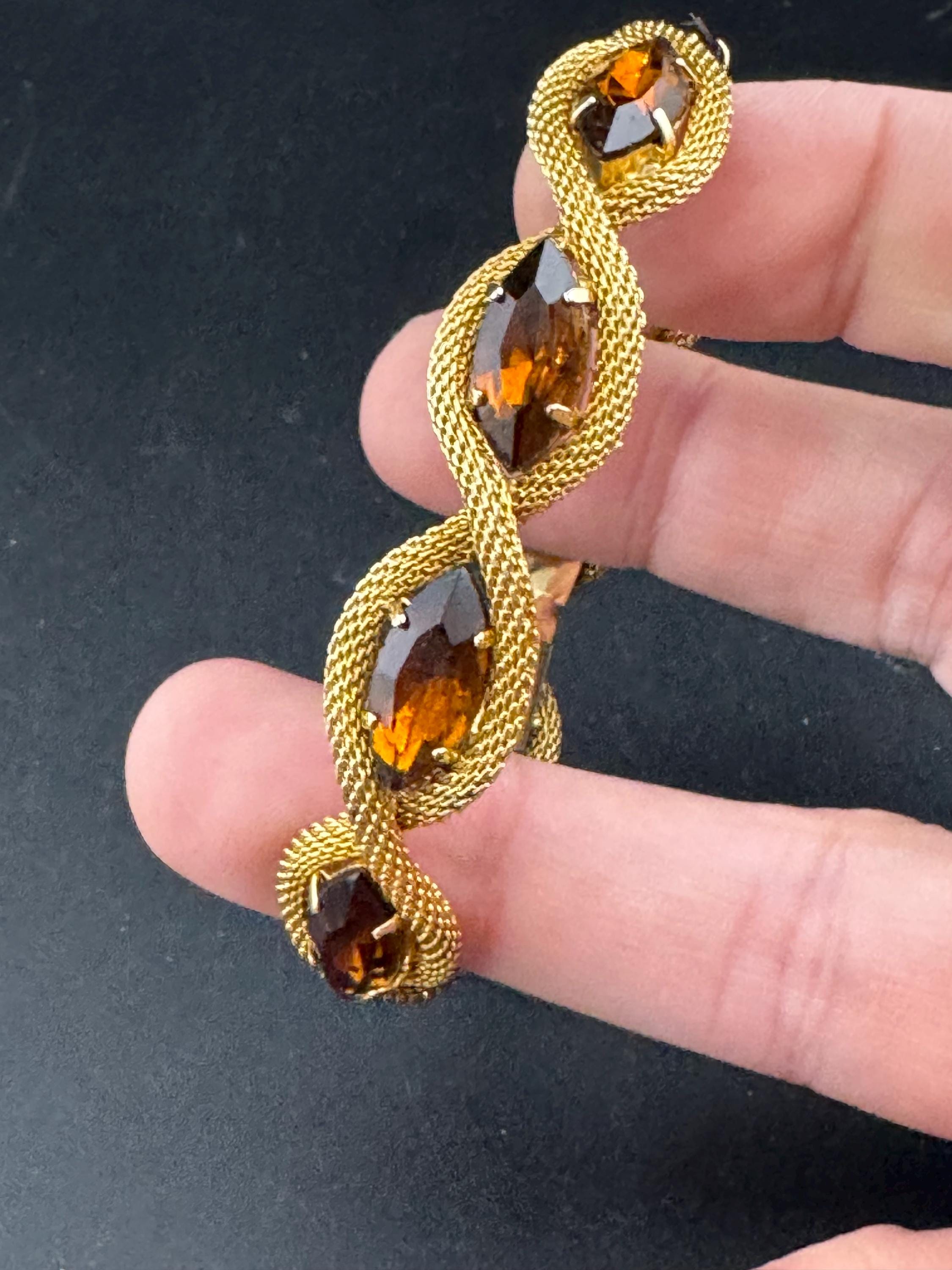 Vintage brown cognac paste Glass Gold Tone mesh cocktail bracelet