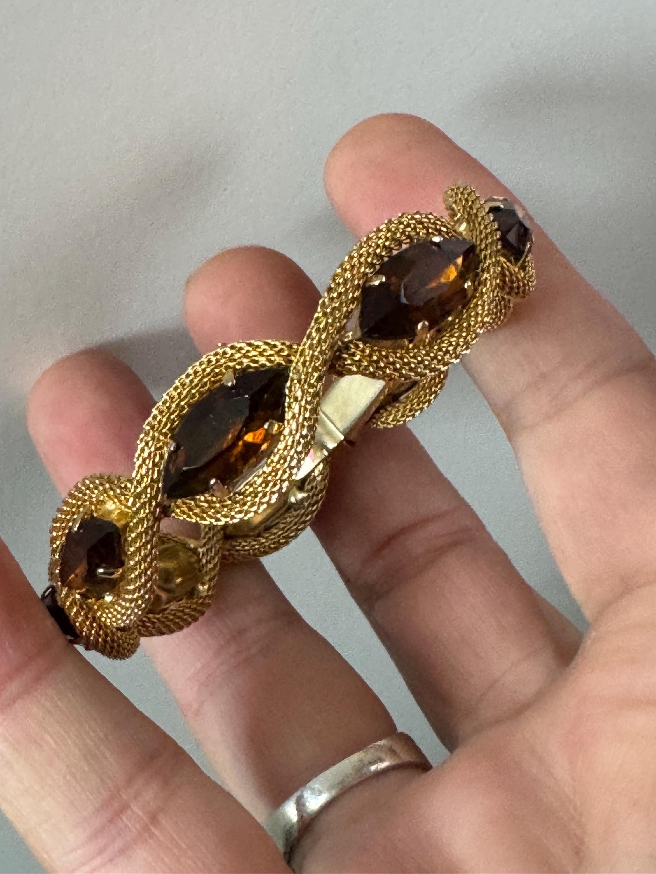 Vintage brown cognac paste Glass Gold Tone mesh cocktail bracelet