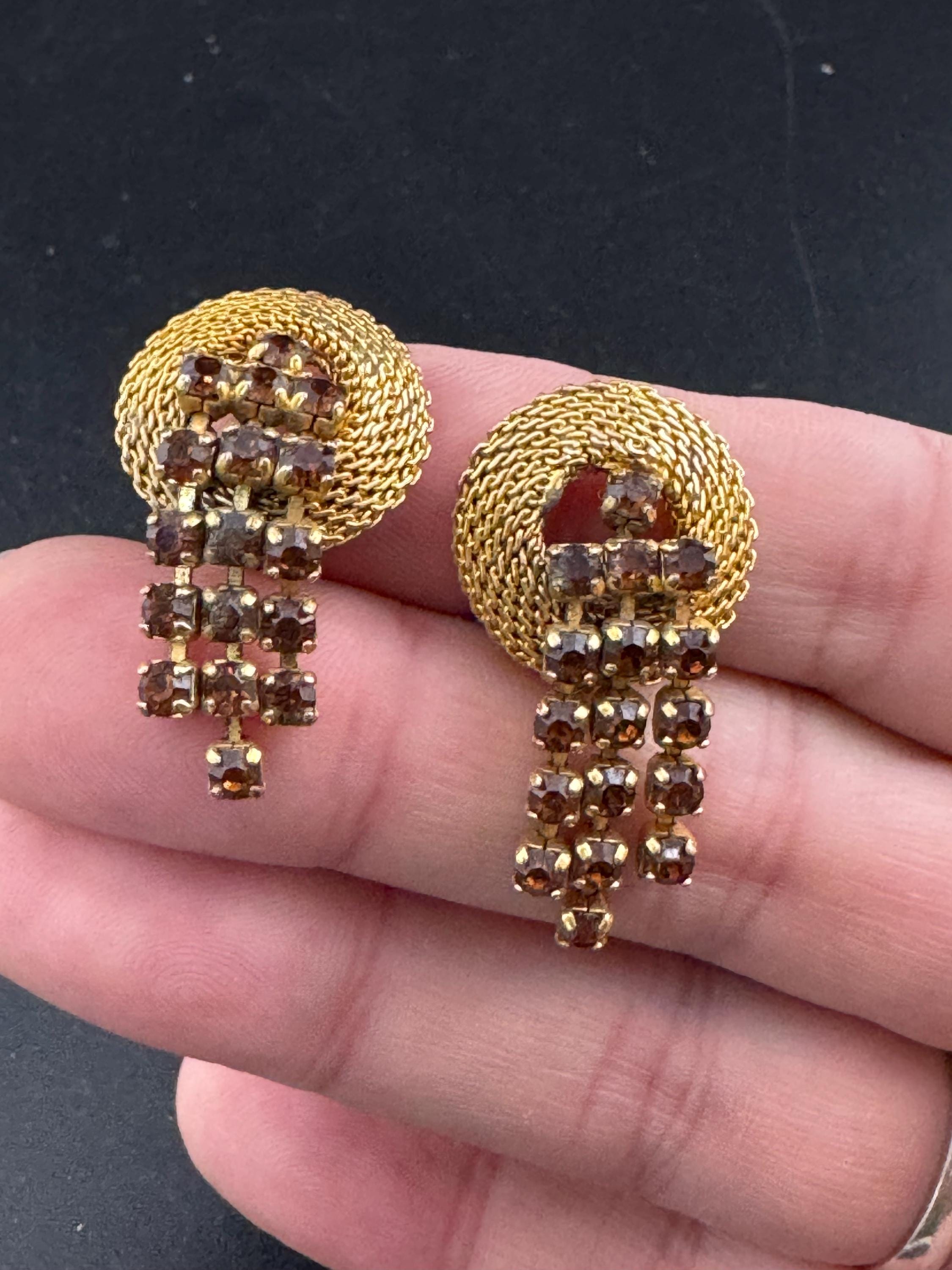 1960s Rhinestone Clip On Earrings: Gold Tone Mesh, Cognac Glass