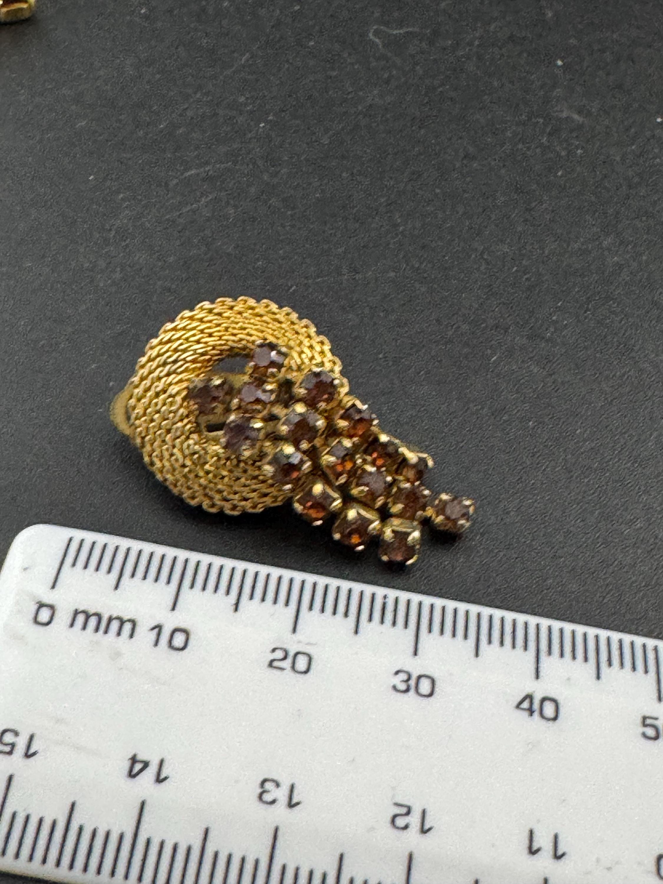 1960s Rhinestone Clip On Earrings: Gold Tone Mesh, Cognac Glass