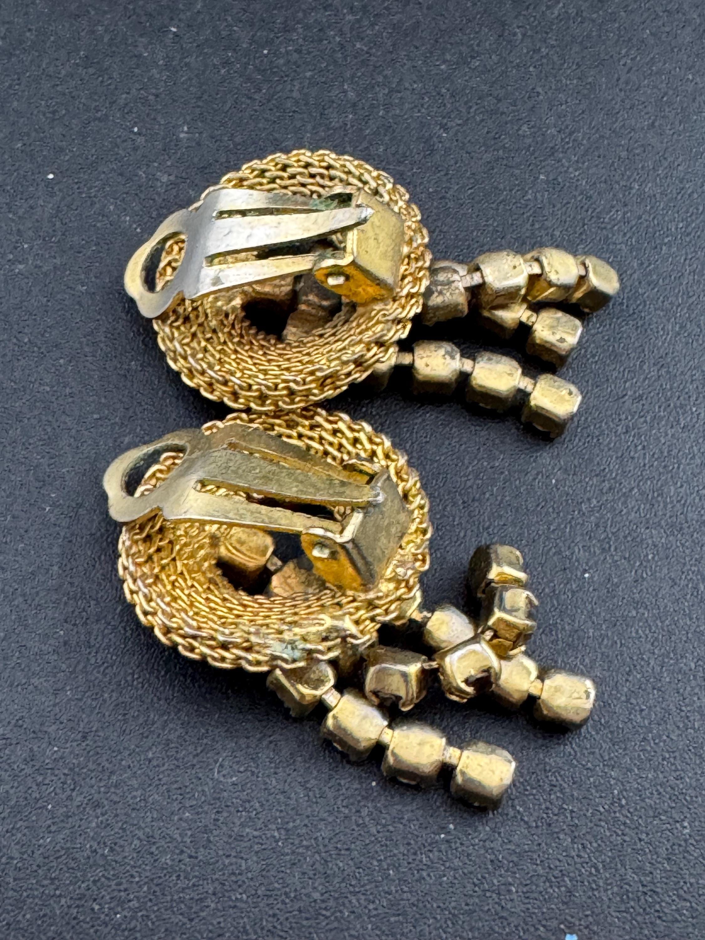 1960s Rhinestone Clip On Earrings: Gold Tone Mesh, Cognac Glass