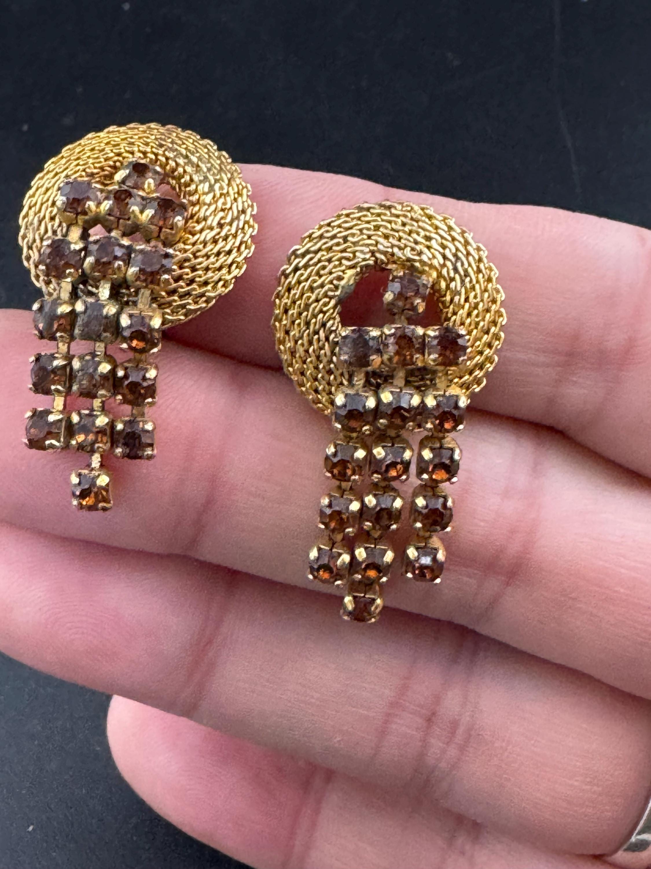 1960s Rhinestone Clip On Earrings: Gold Tone Mesh, Cognac Glass