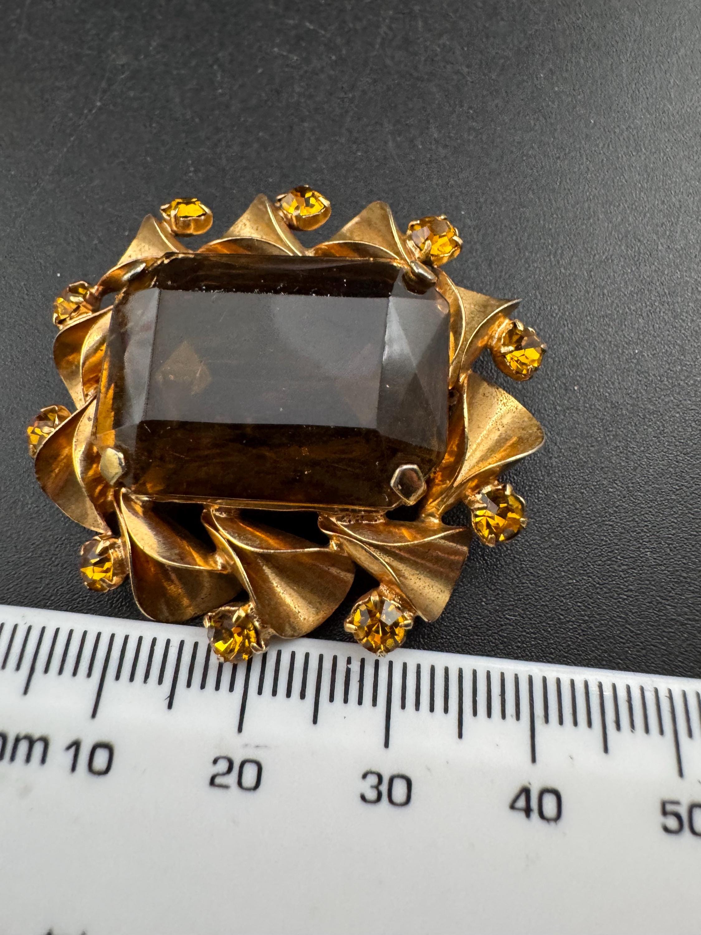 vintage orange citrine and brown cognac glass open back brooch 1950s