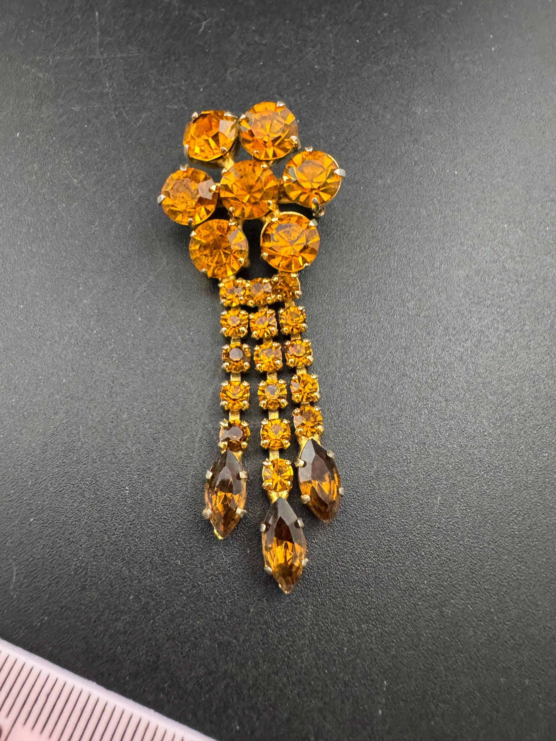 vintage gold tone waterfall brooch with large diamanté brown cognac glass stones