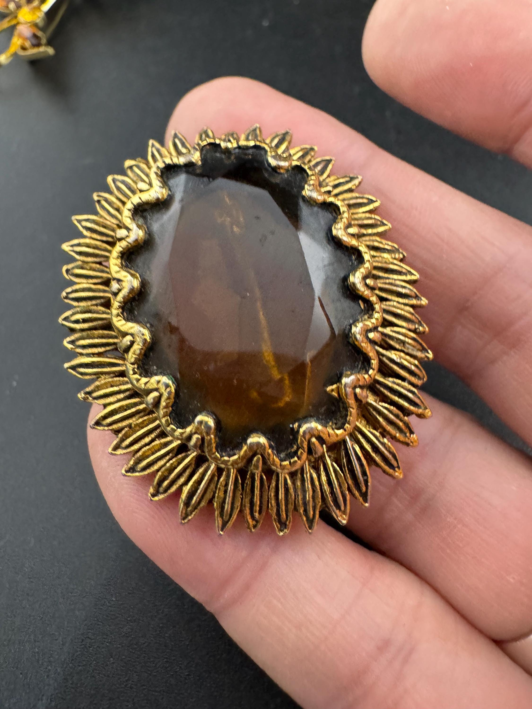 Vintage Gold Plated Brooch: Cognac Brown Glass Cabochon, Mid Century