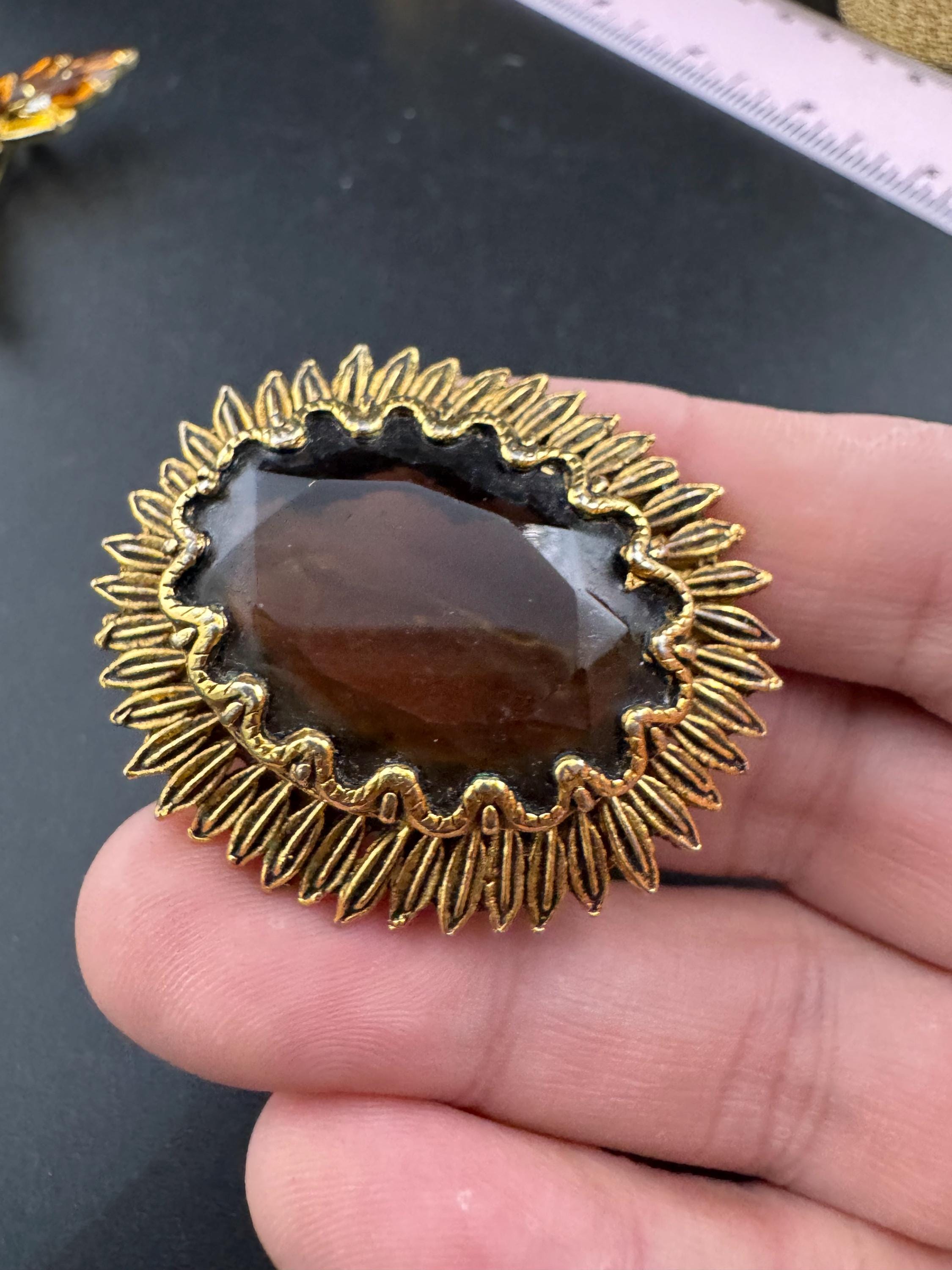 Vintage Gold Plated Brooch: Cognac Brown Glass Cabochon, Mid Century