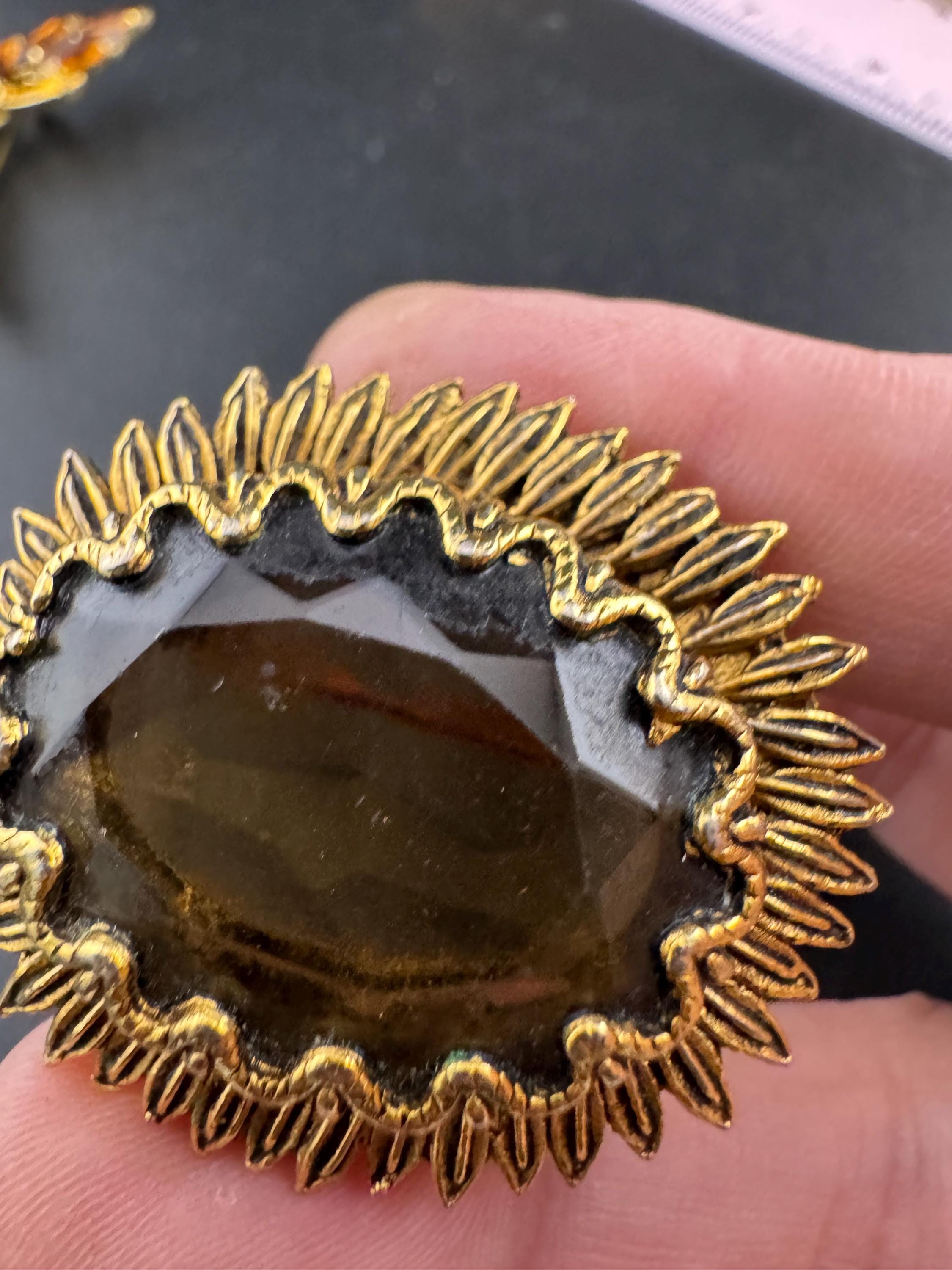 Vintage Gold Plated Brooch: Cognac Brown Glass Cabochon, Mid Century