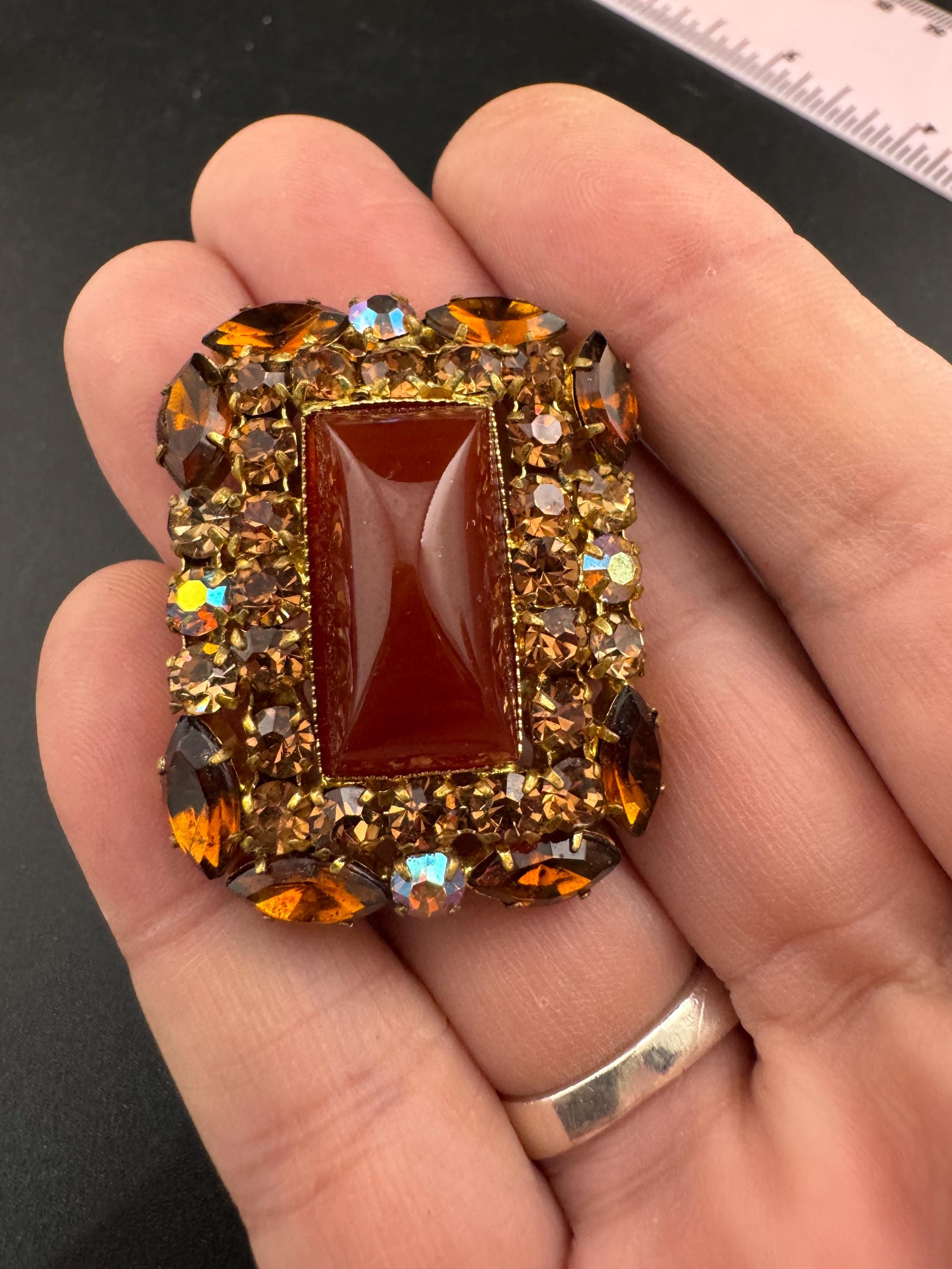 vintage carnelian cabochon with orange citrine and brown cognac glass rectangular brooch 1950s