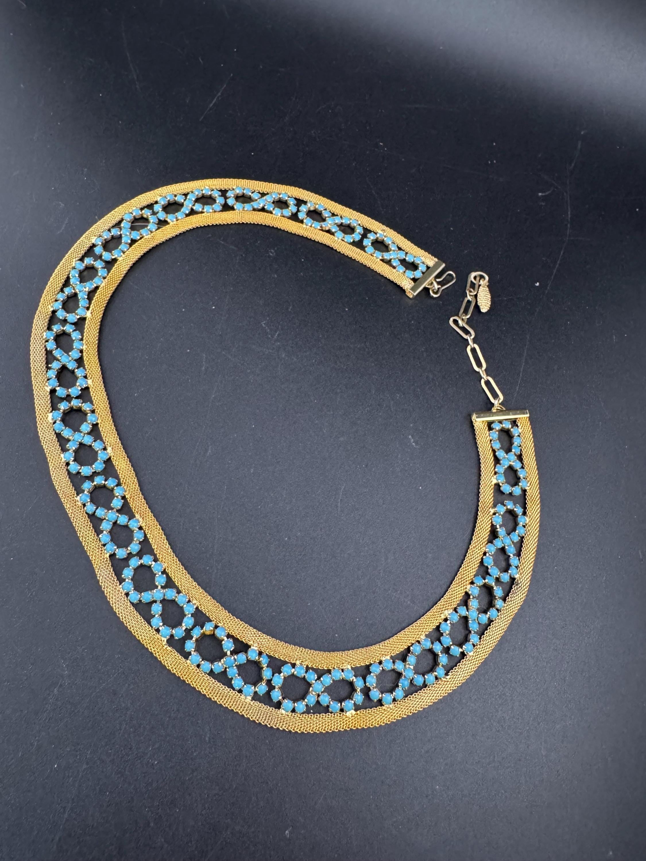 Vintage 1960s gold tone mesh choker necklace with turquoise glass rhinestones adj to 47cm long