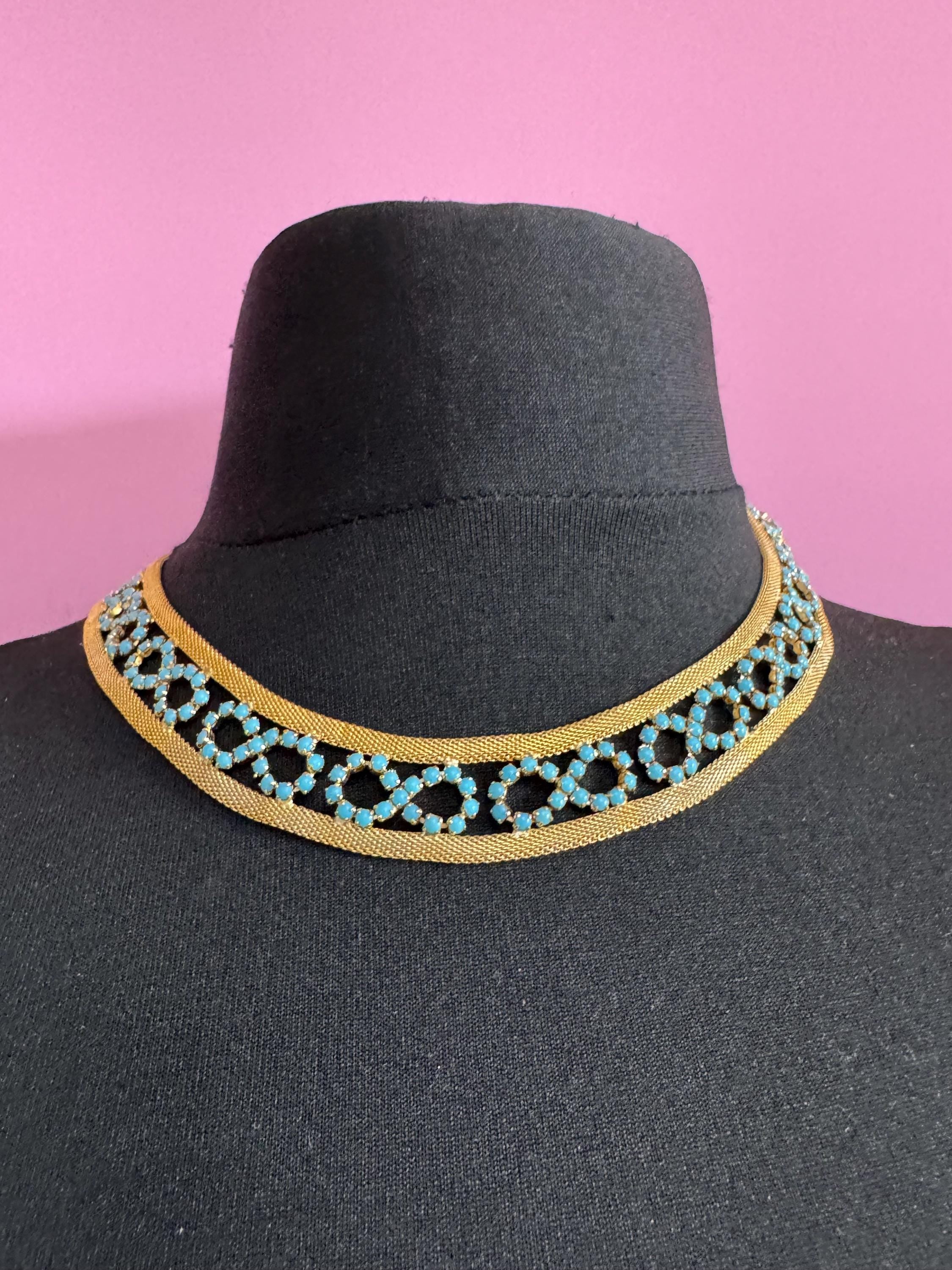 Vintage 1960s gold tone mesh choker necklace with turquoise glass rhinestones adj to 47cm long