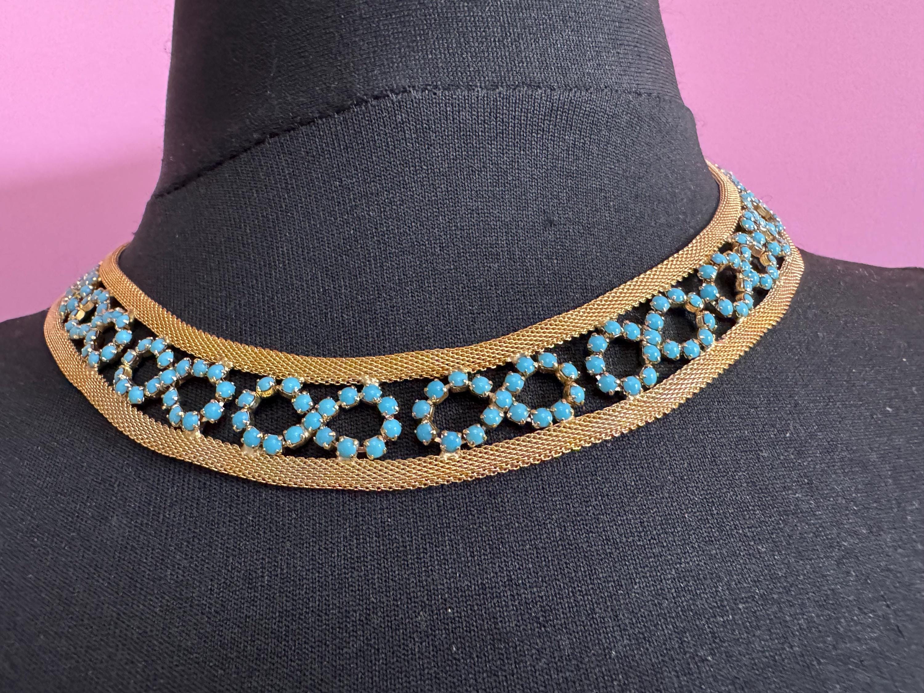 Vintage 1960s gold tone mesh choker necklace with turquoise glass rhinestones adj to 47cm long
