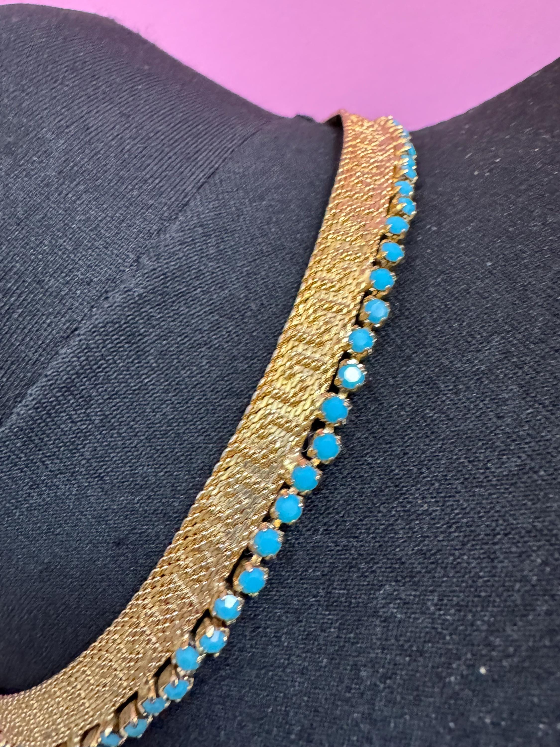 Vintage gold tone turquoise blue glass diamanté greek key design mesh choker necklace