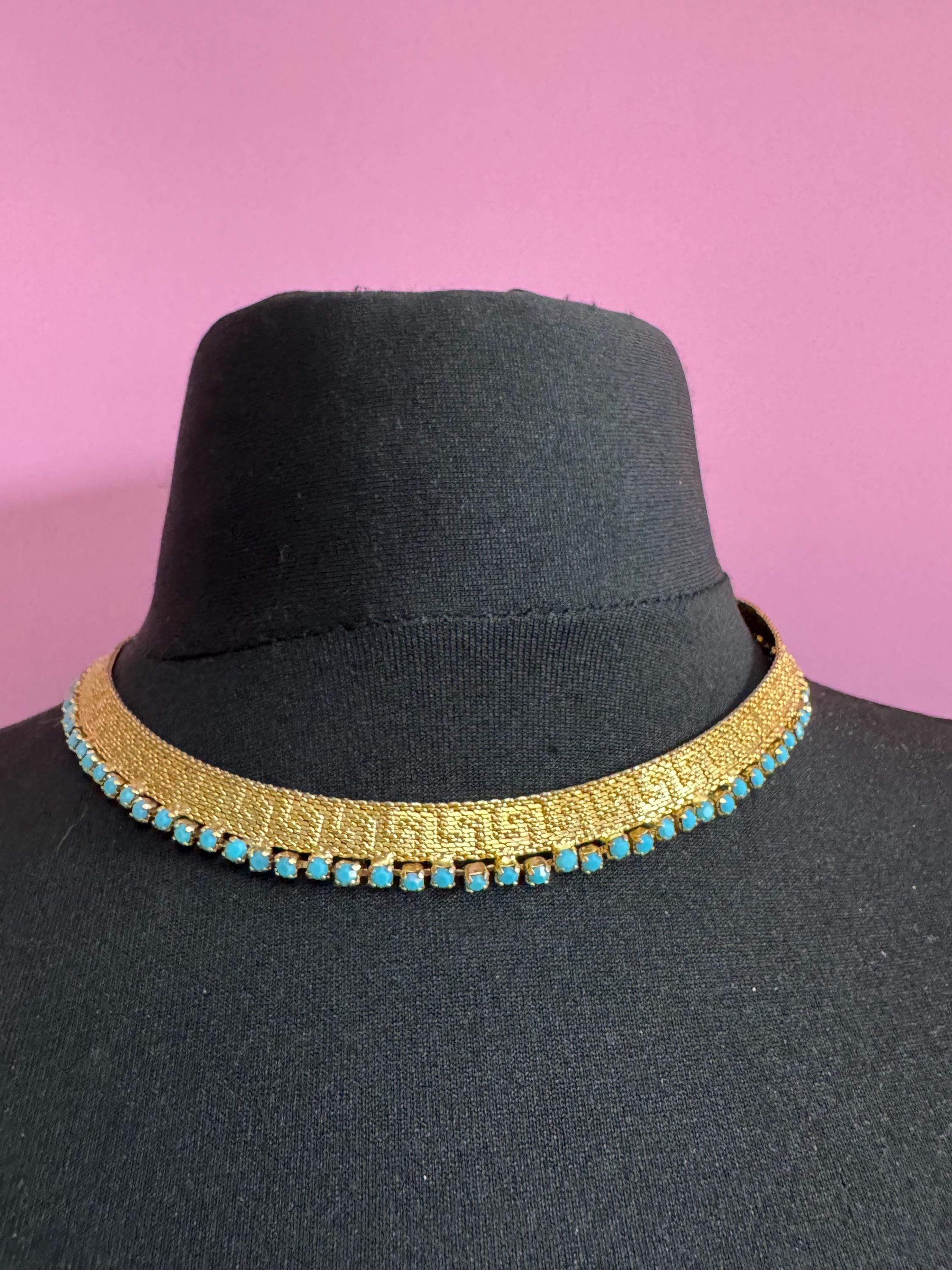 Vintage gold tone turquoise blue glass diamanté greek key design mesh choker necklace
