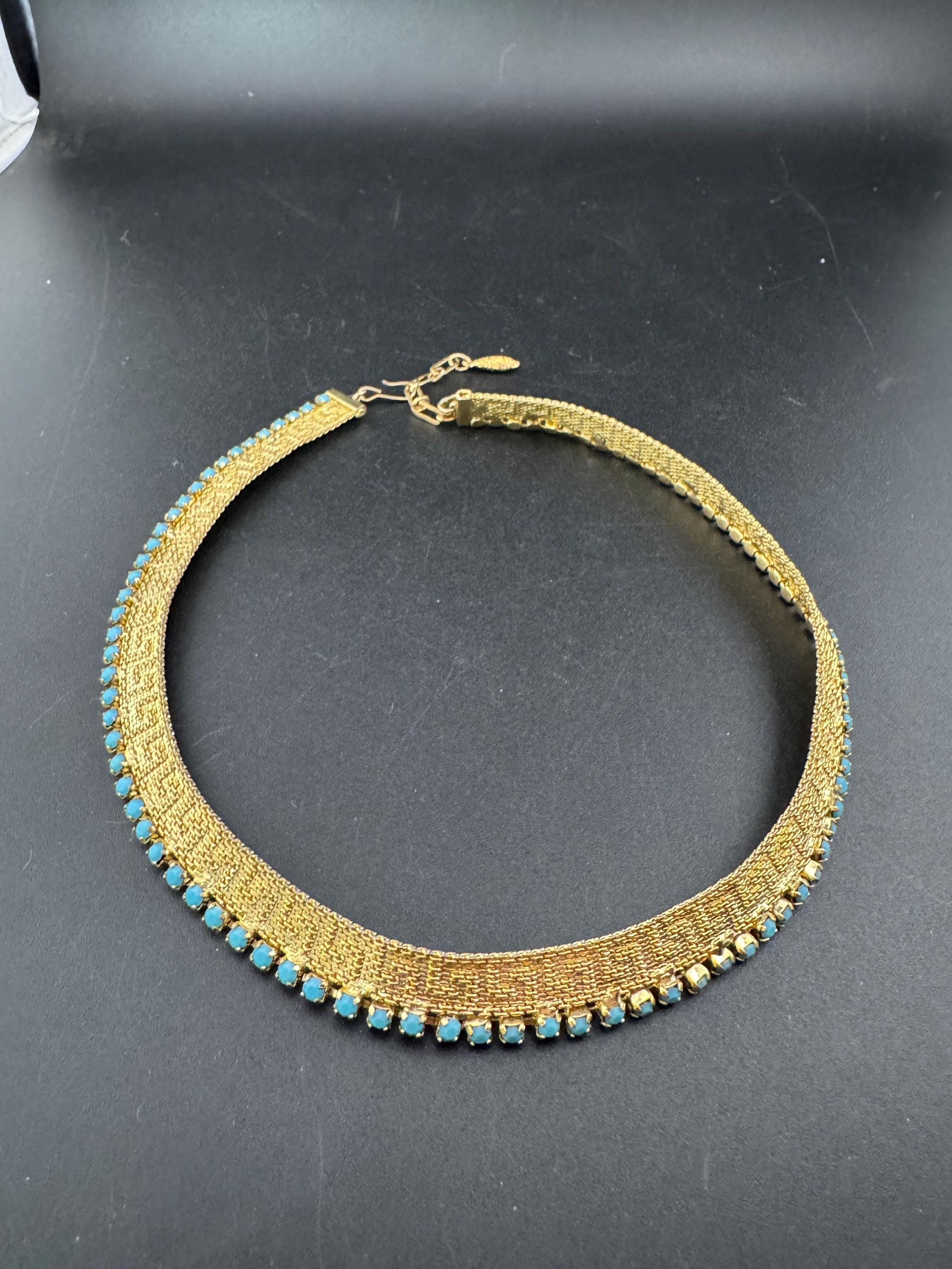 Vintage gold tone turquoise blue glass diamanté greek key design mesh choker necklace