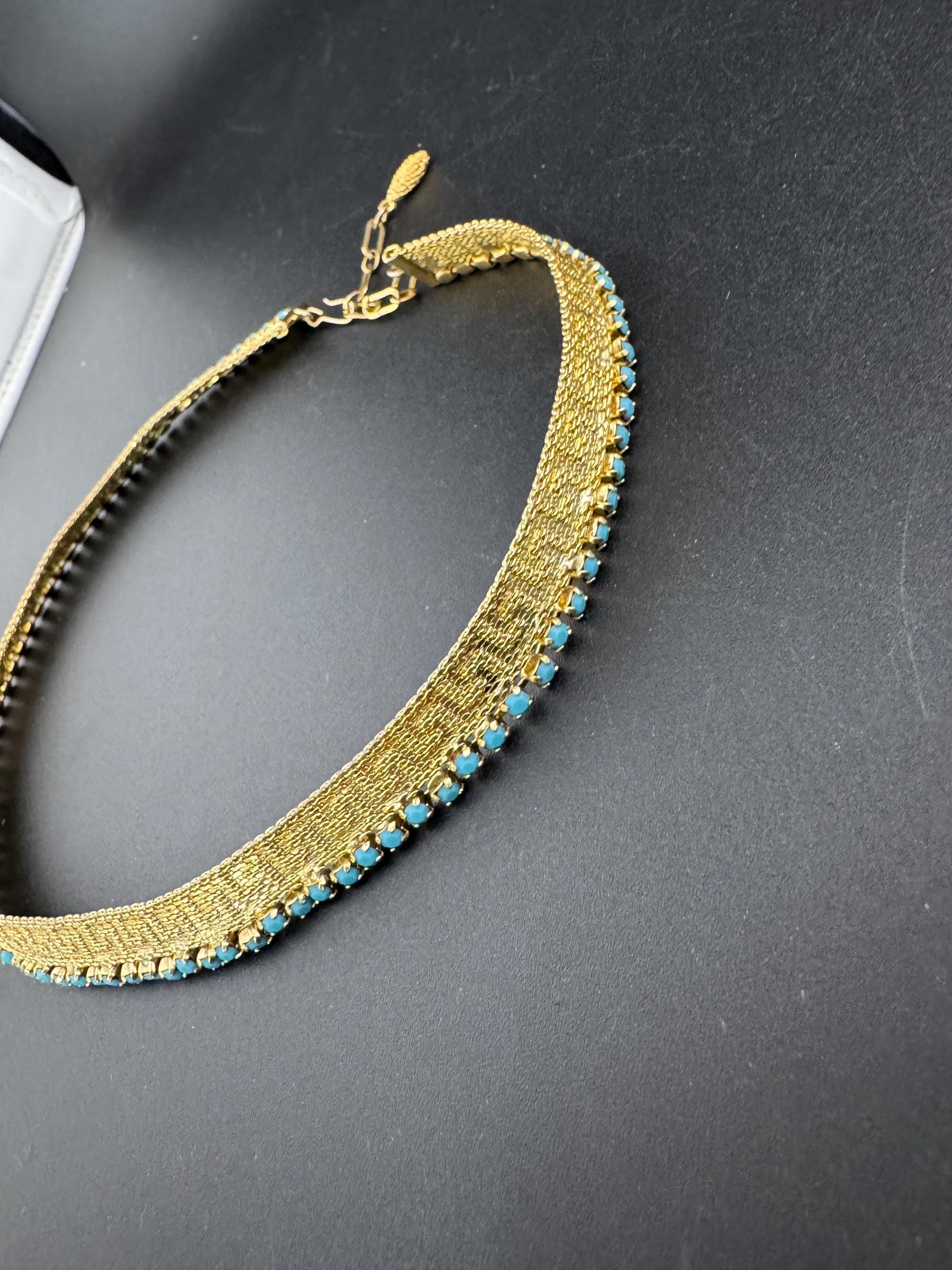 Vintage gold tone turquoise blue glass diamanté greek key design mesh choker necklace