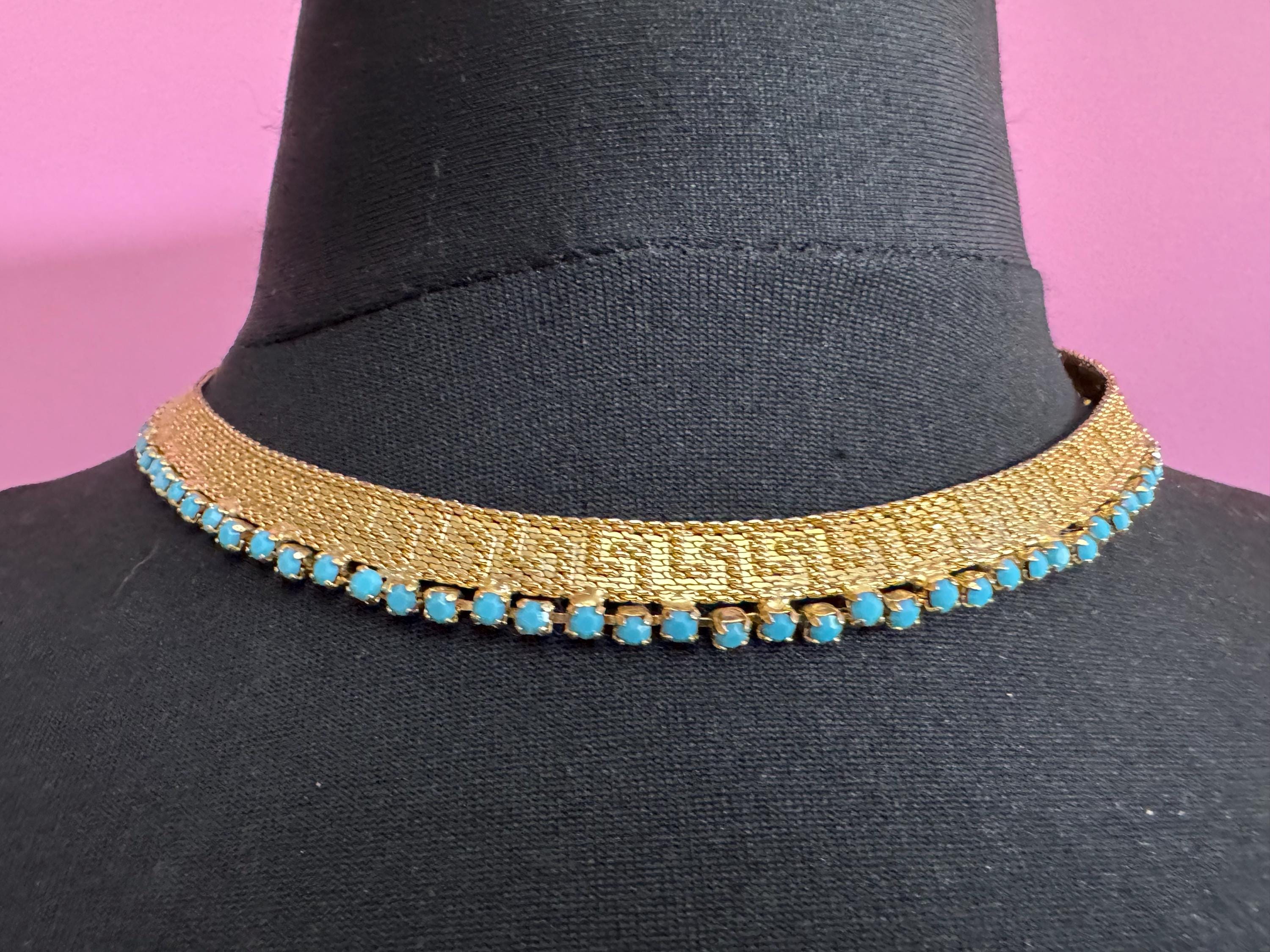 Vintage gold tone turquoise blue glass diamanté greek key design mesh choker necklace
