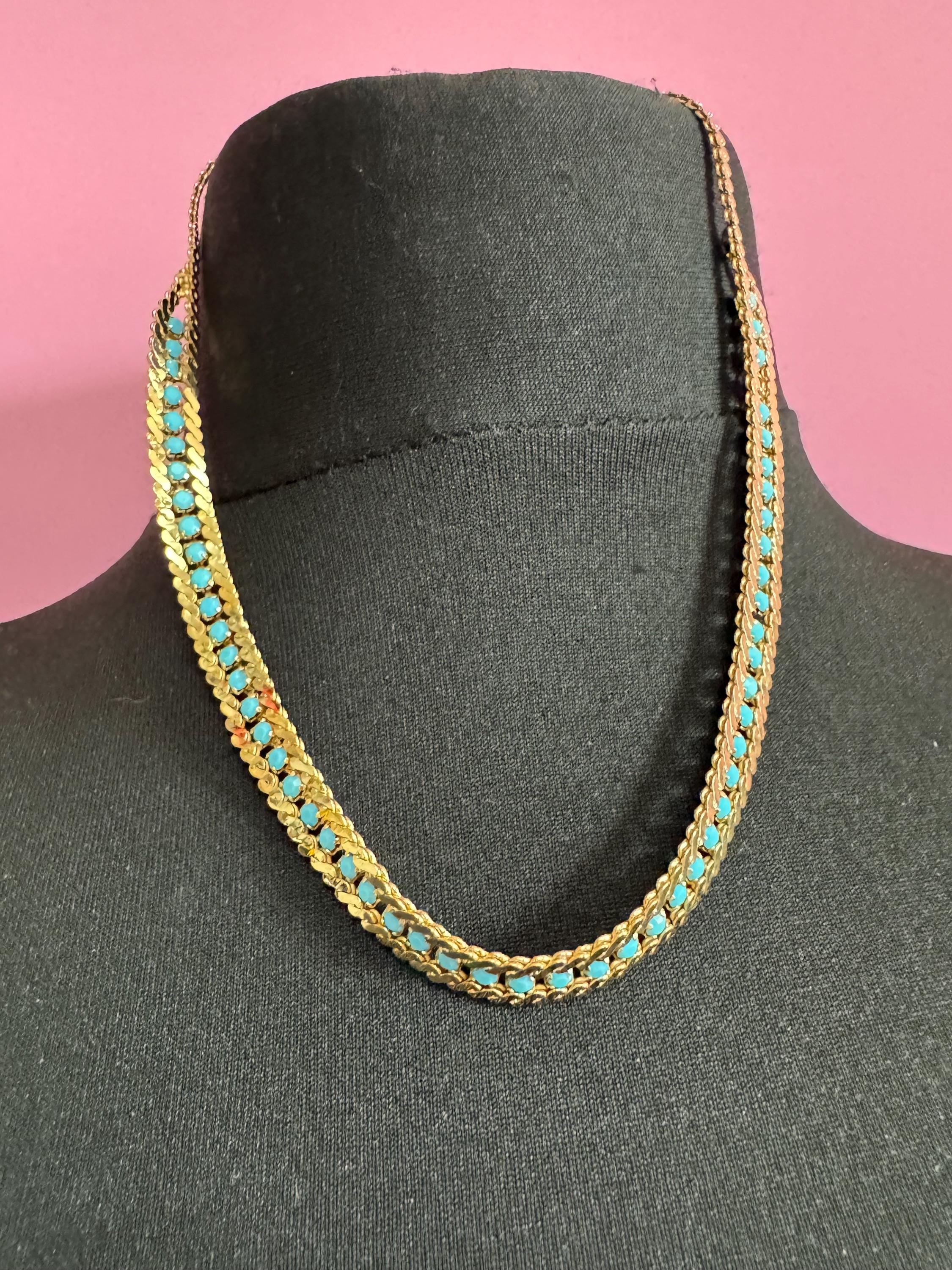 Vintage 1960s Gold Plated Serpentine Necklace: Turquoise Rhinestones