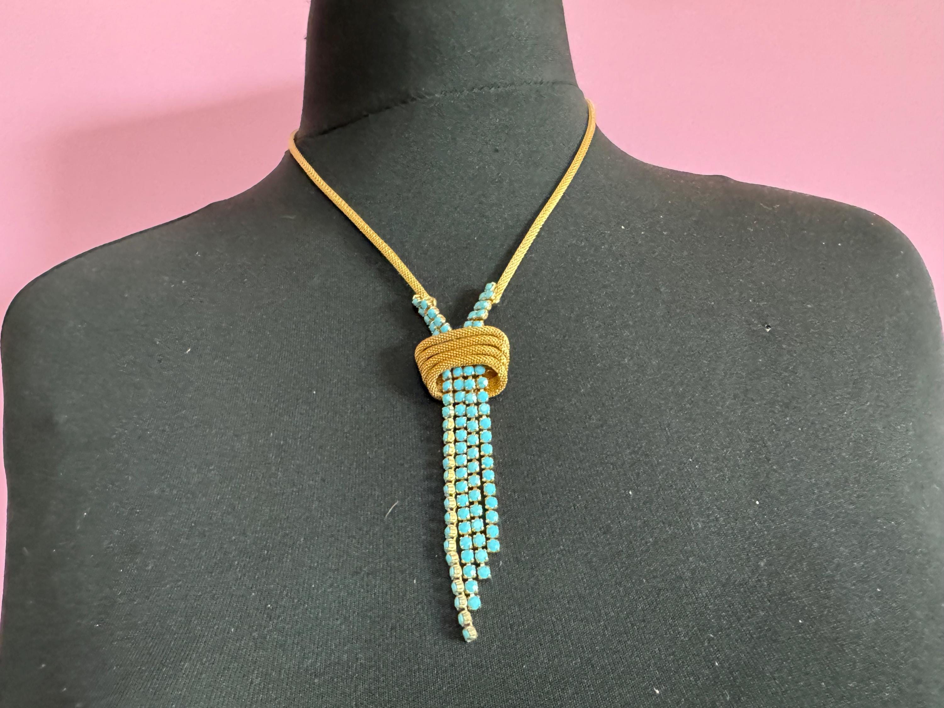 Vintage 1960s 1970s gold tone mesh lariat drop knot necklace with turquoise glass paste stones adj to 52cm long plus drop
