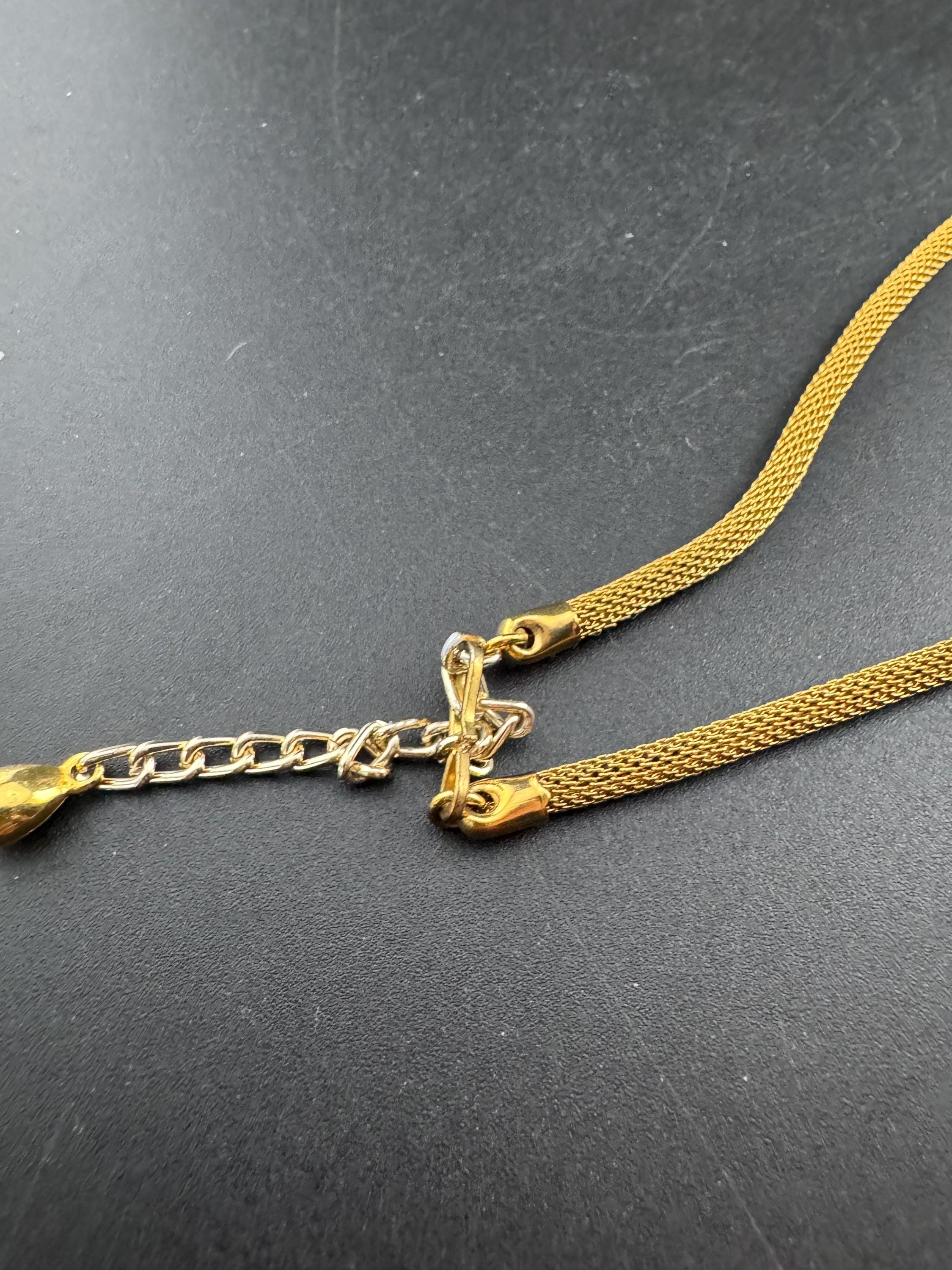 Vintage 1960s 1970s gold tone mesh lariat drop waterfall necklace with turquoise glass paste stones adj to 50cm long plus drop