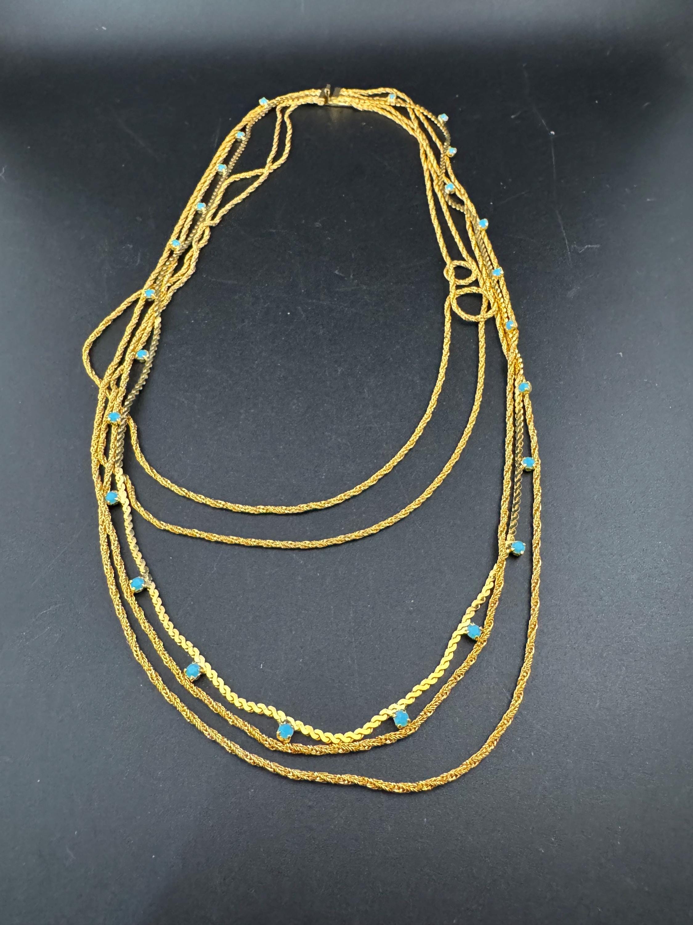 Vintage 1960s turquoise blue rhinestone multi strand layering necklace
