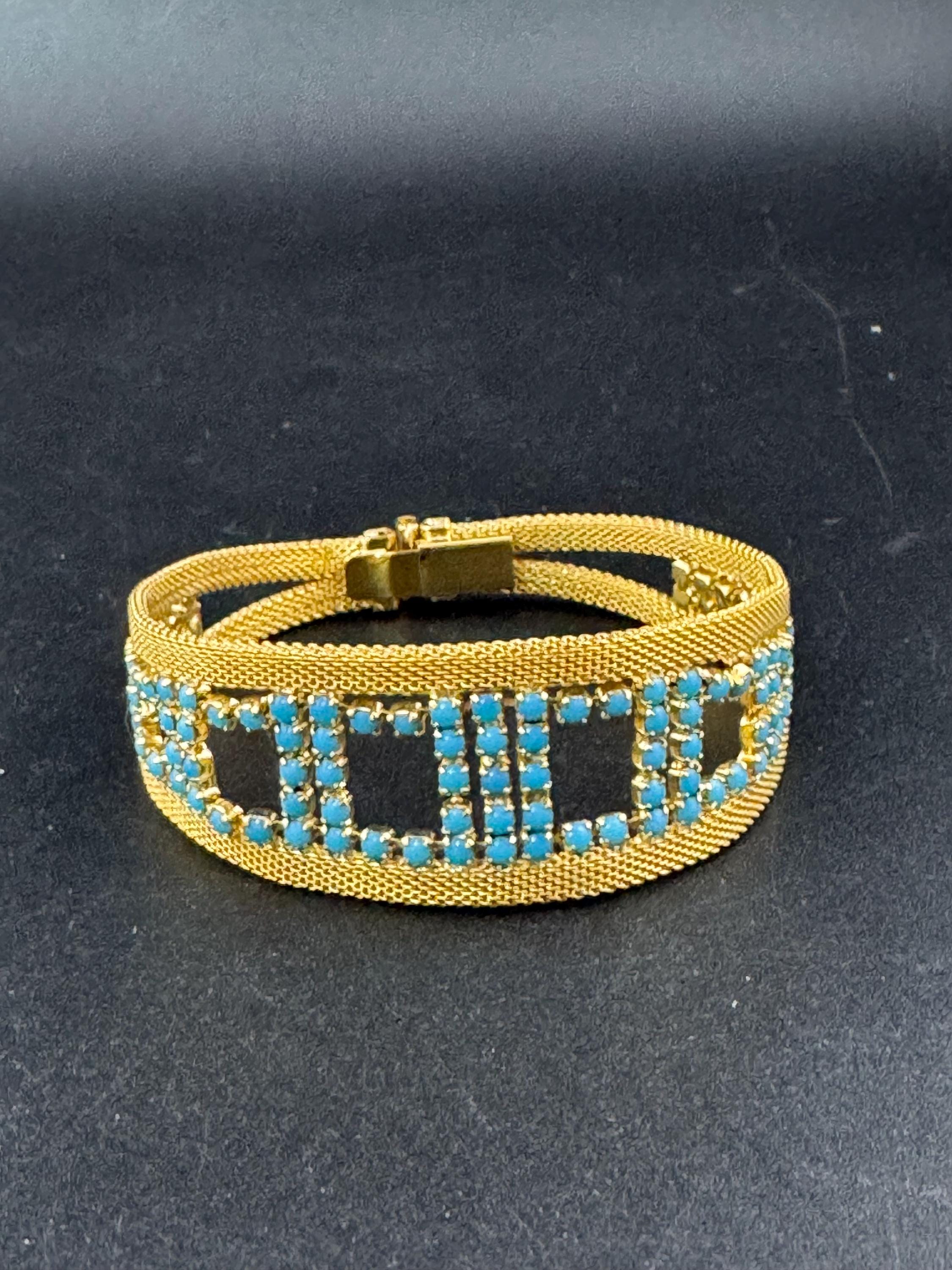 Mid century modernist gold and turquoise rhinestone gem set wide flat cuff bracelet 1960s